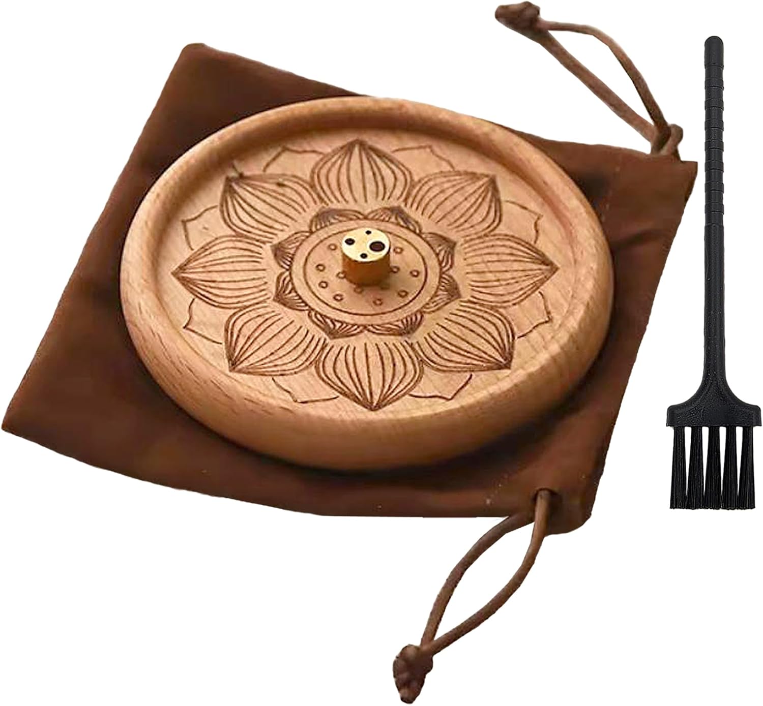 Räuchergefäß – 1 Stück – Buchenholz Und Messing – Geschnitztes Lotusmotiv – Für Meditation Und Yoga – Durchmesser 12 Cm
