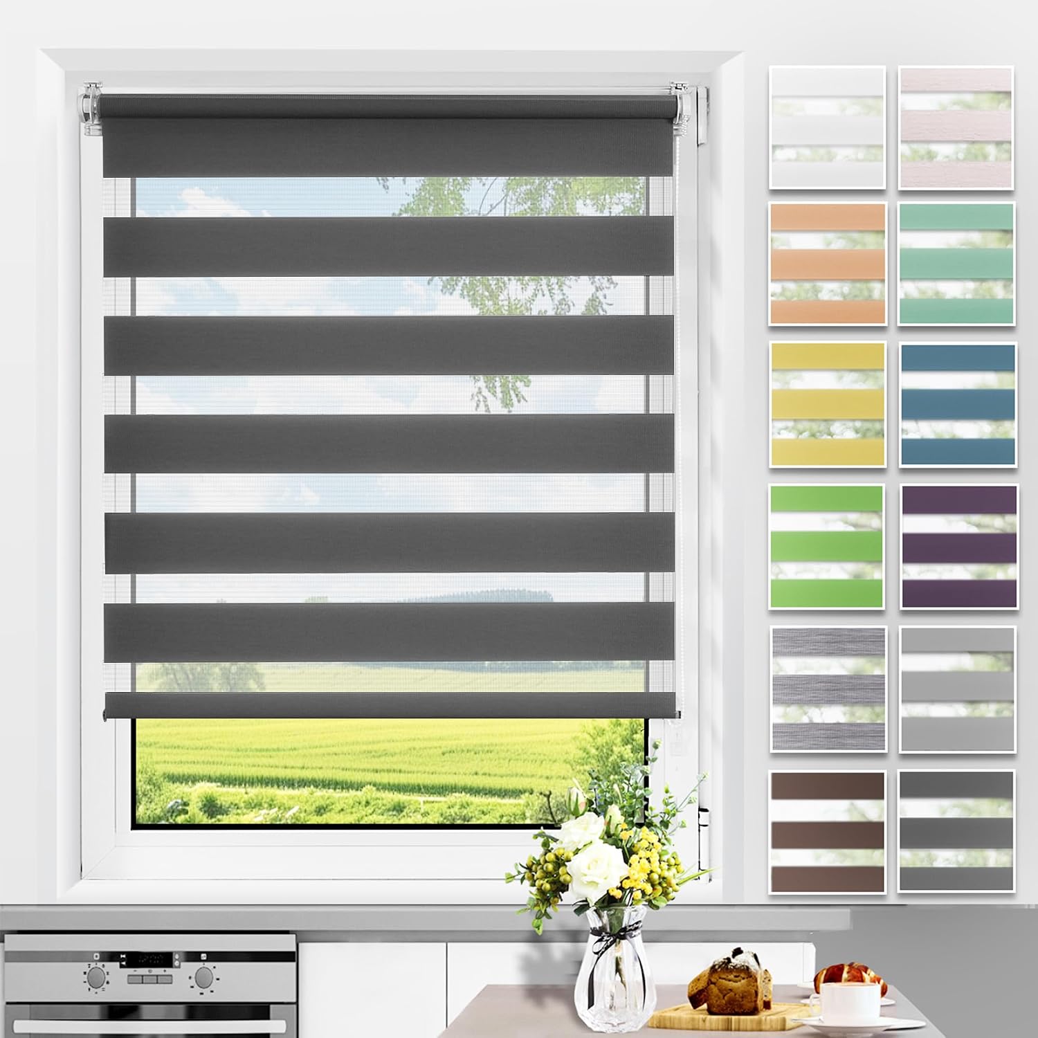 Tag- Und Nachtrollo – 1-teilig – Dunkelgraues Polyester – Lichtregulierung Ohne Bohren – Wohnzimmer, Schlafzimmer, Büro – 45 X 150 Cm