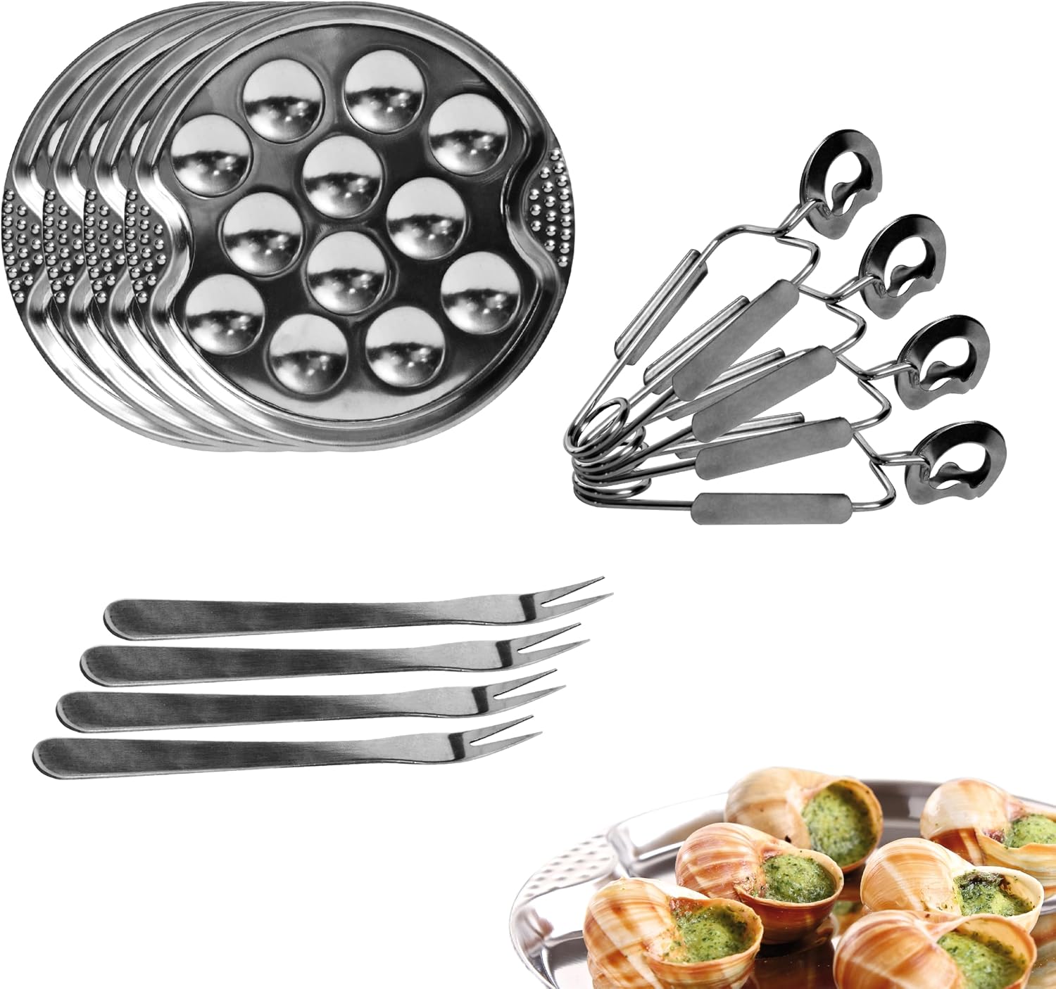 12-teiliges Schnecken-verkostungsset – Edelstahl – Für 4 Personen – Mit Tellern Und Zange – Grau