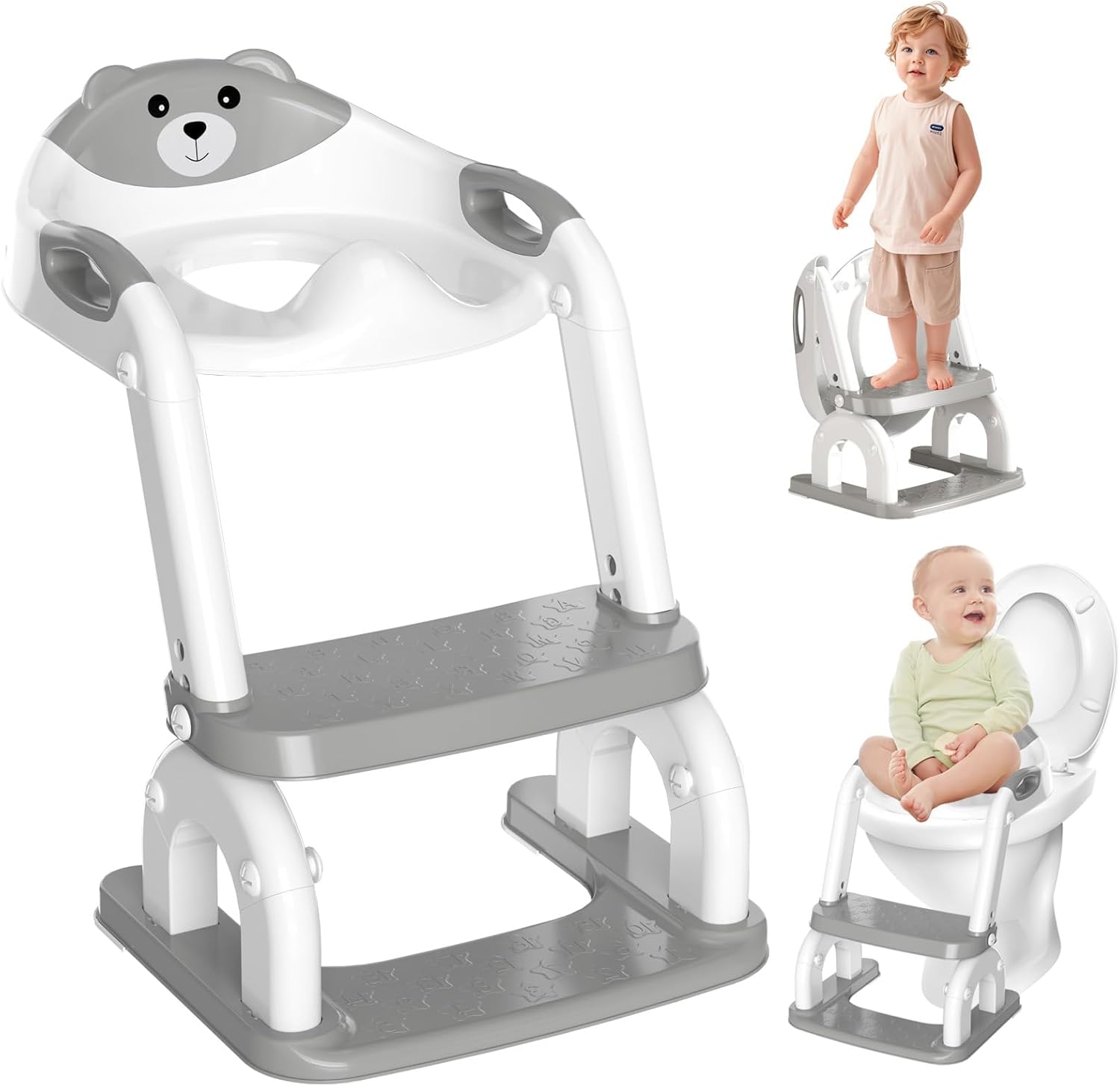 2-in-1 Kinder-wc-sitzverkleinerer – Faltbar, 8-fach Verstellbar – Rutschfeste Stufen – Pu-kissen – Für Vou-wcs – Grau