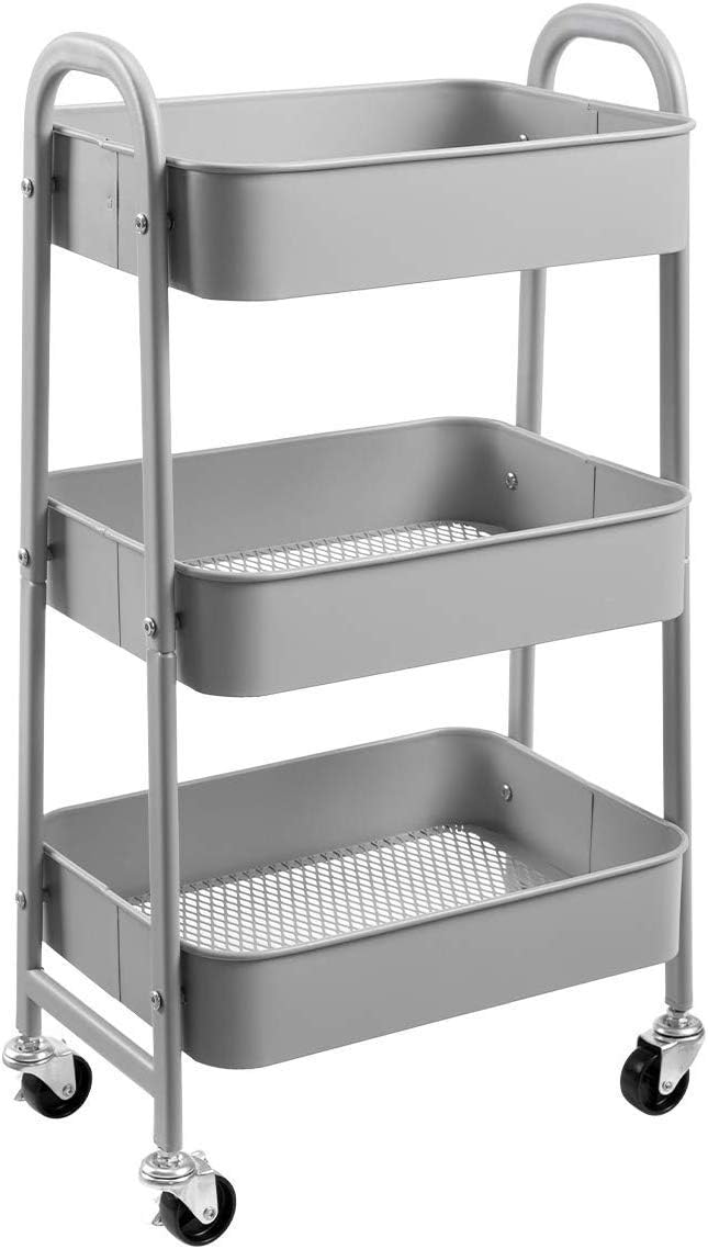 Metall-servierwagen – 1 Stück – Grauer Stahl – 3 Stabile Ablagen – Küche, Bad, Büro – 40 X 30 X 70 Cm