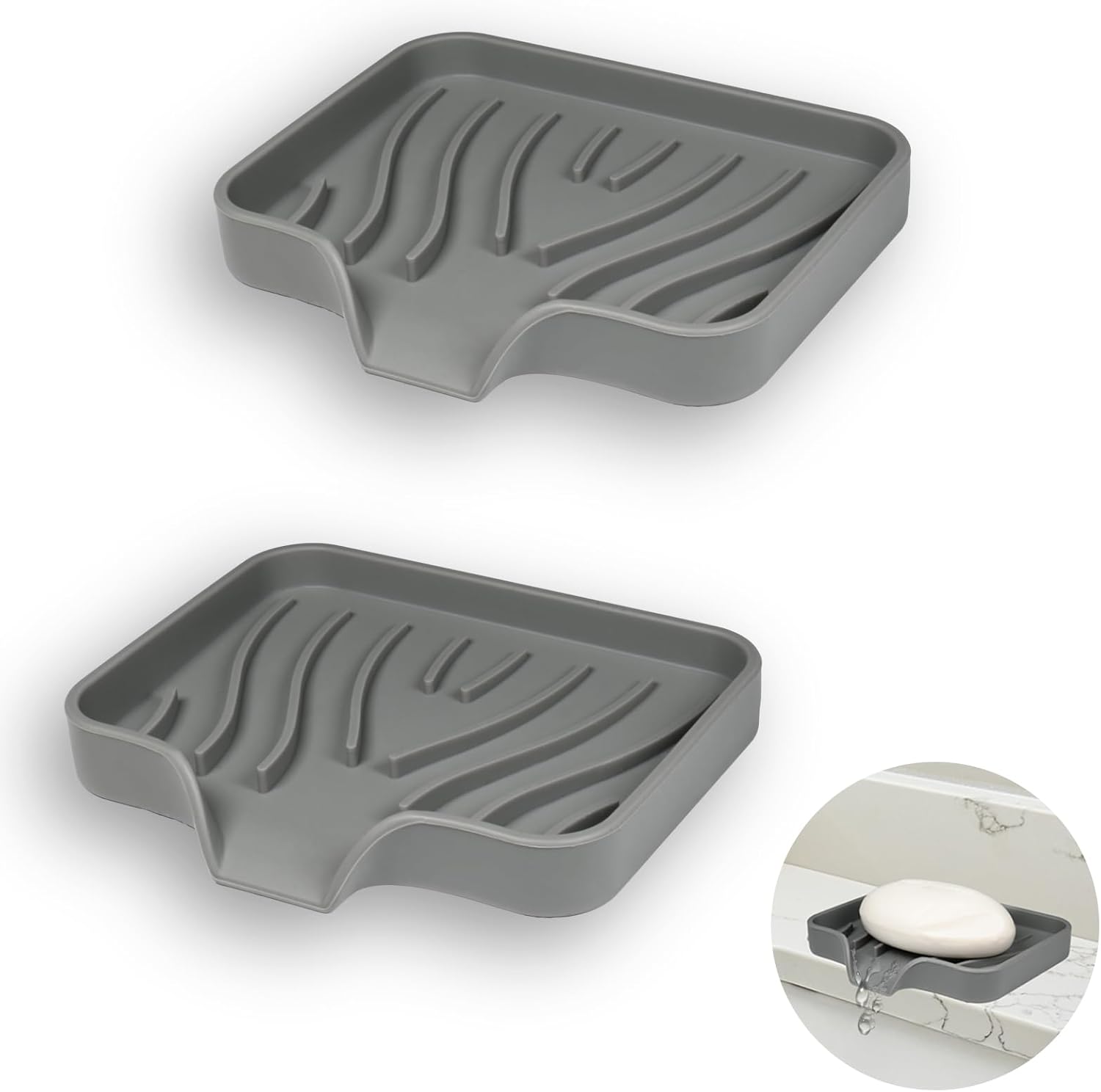 Silikon-seifenschale – 2er-set – Schräges Design, Grau – Rutschfest, Wasserablauf – Bad, Küche, Dusche – 12,5 X 8,5 Cm