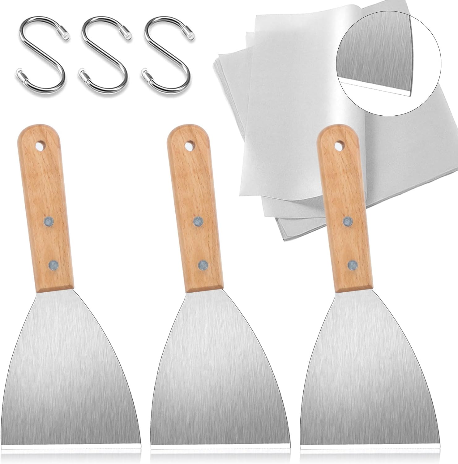 Hamburger-wender – 3er-set – Edelstahl Und Holz – Breiter Schaber Für Grill, Küche Und Teppanyaki – 23 X 9,7 Cm