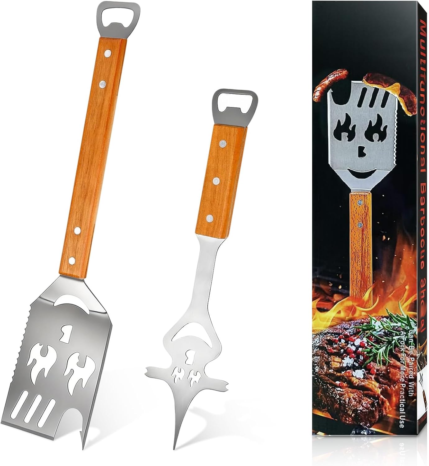 Grillwender-set – 2-teilig – Edelstahl Und Holz – 8-in-1 Multifunktionsset – Für Outdoor-aktivitäten Und Camping – 41,7 Cm