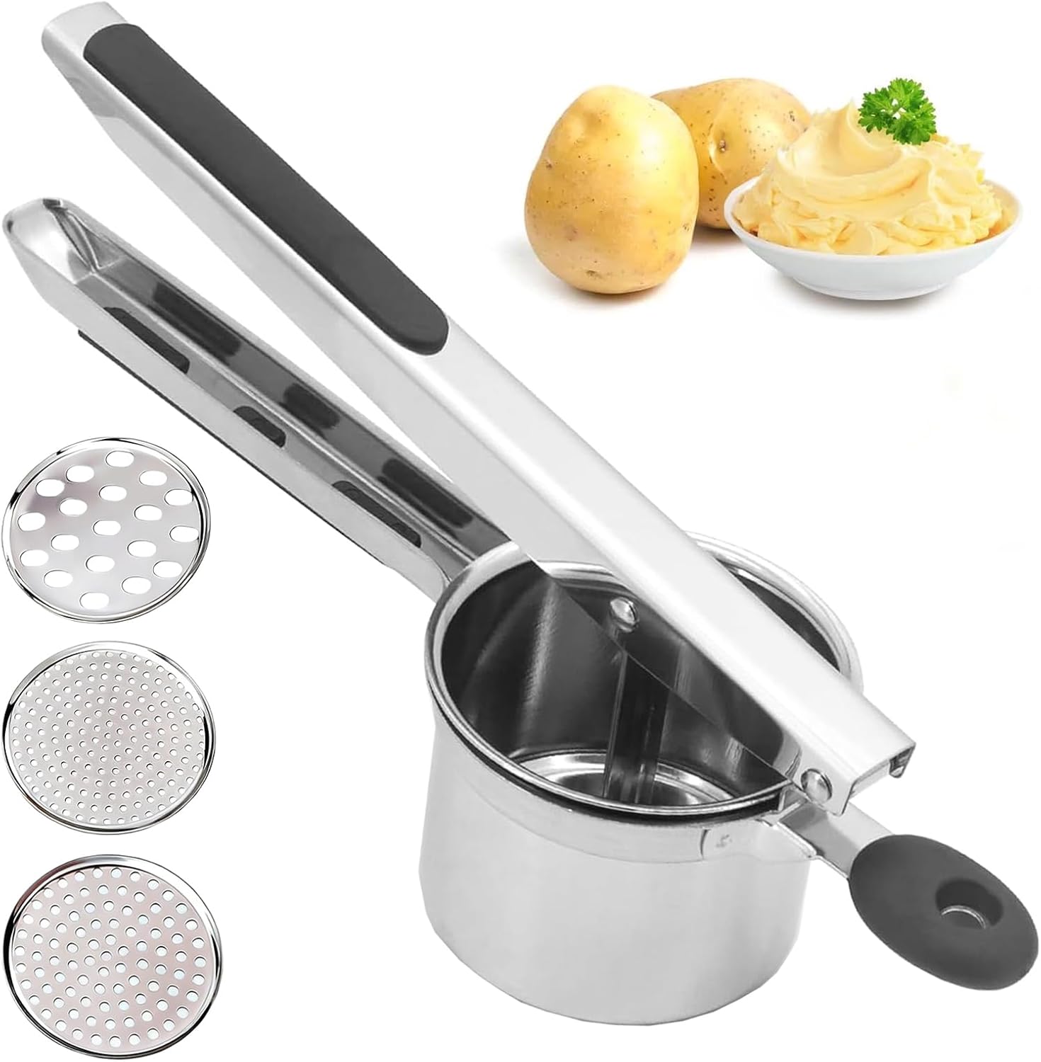 Manueller Kartoffelstampfer – 1 Stück – Edelstahl – 3 Austauschbare Scheiben – Für Gemüse Und Obst – 33,5 X 9 X 14,5 Cm