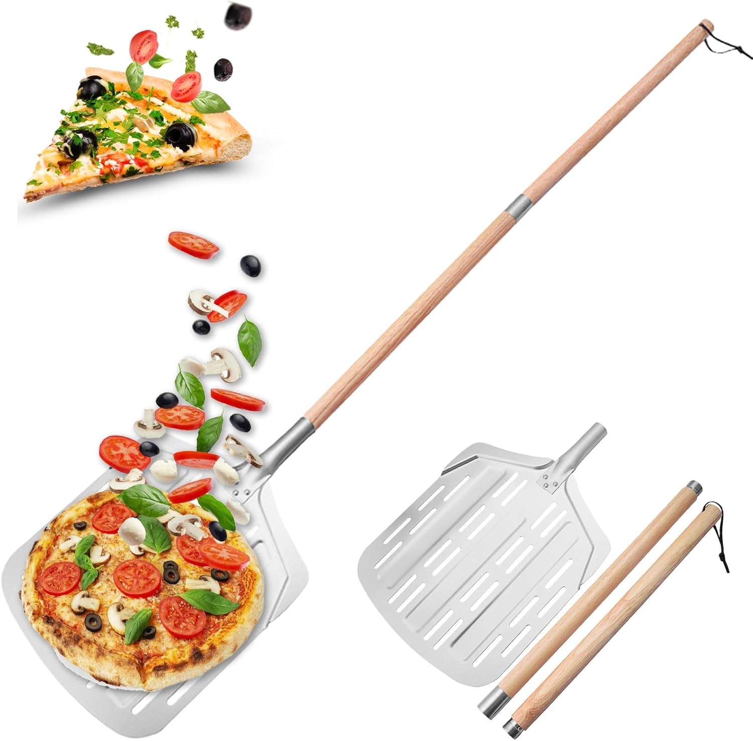 Pizzaschieber – 135 Cm – Aluminium – Perforiert – Abnehmbarer Holzgriff – Für Küche Und Backofen