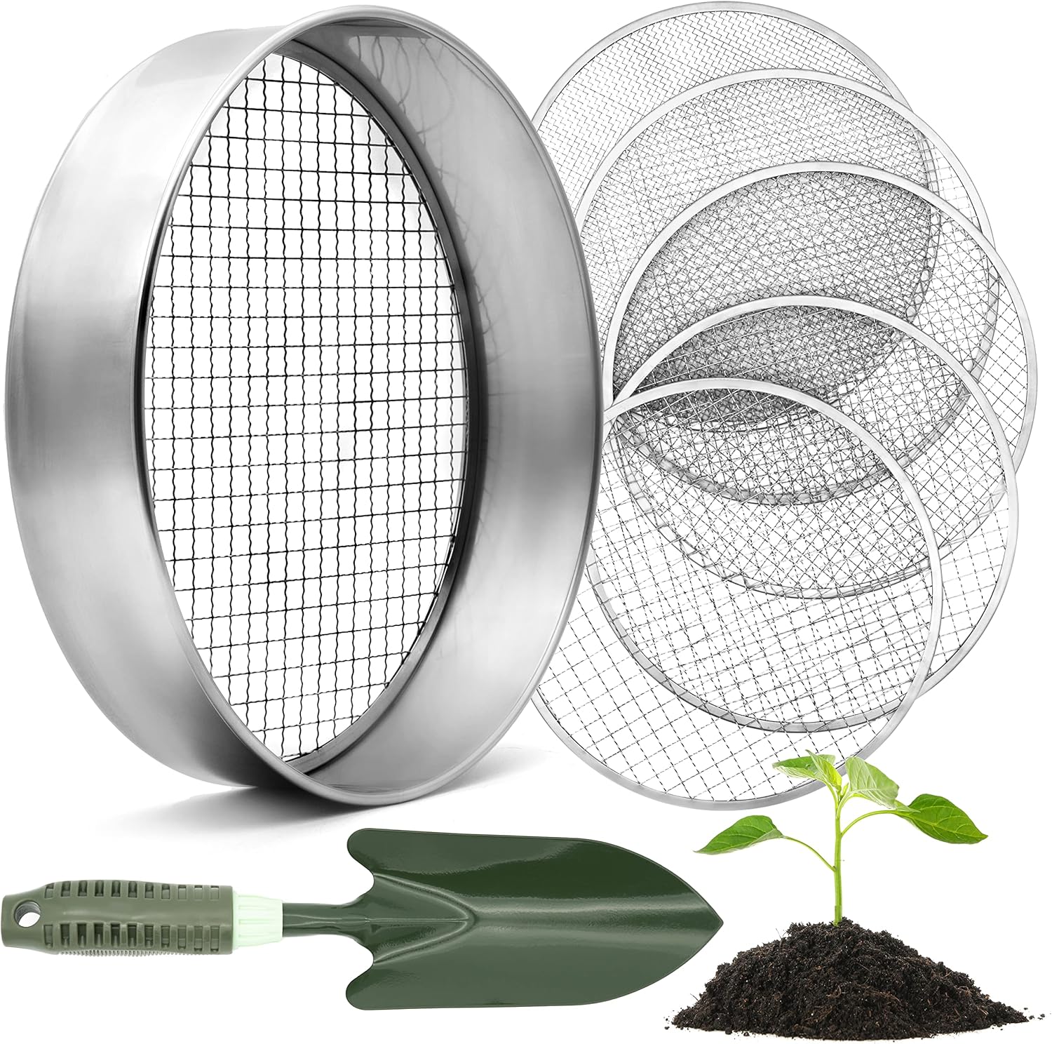 Rundes Gartensieb 30 Cm – Edelstahl – 5 Austauschbare Siebe – Für Erde, Kompost Und Setzlinge – Inklusive Schaufel