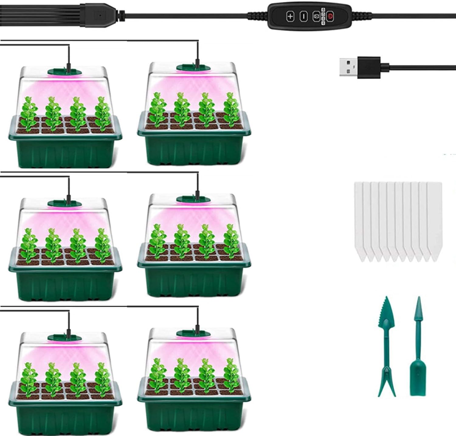 6-teiliges Anzuchtgewächshaus – Robustes Pp-kunststoff – Vollspektrum-led-beleuchtung – Bewässerungsautomatik Und Zeitschaltuhr – Für Den Indoor-gartenbau – 12 Zellen Pro Anzuchtschale