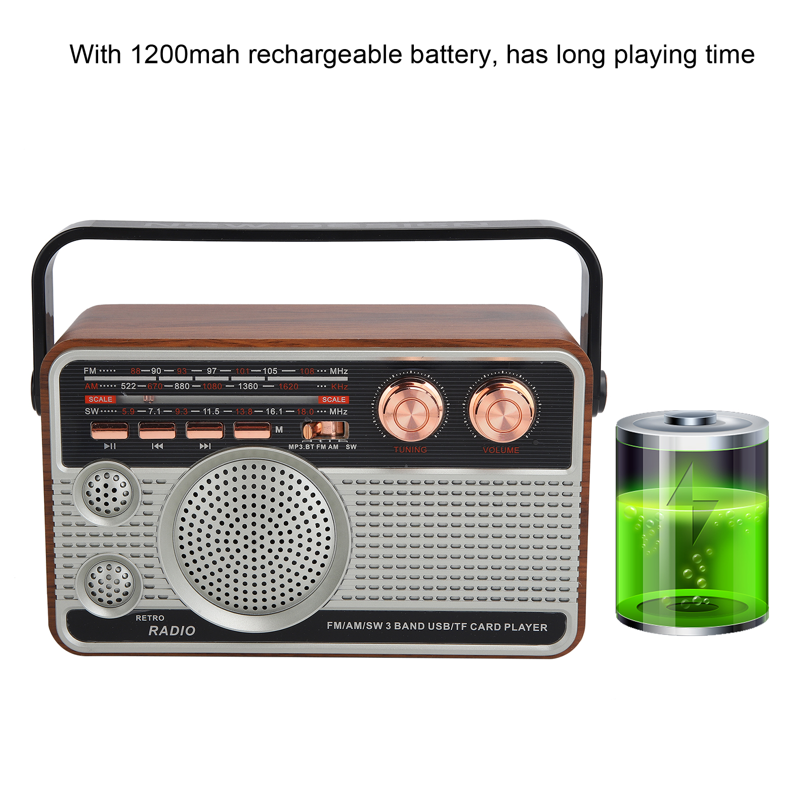 Tragbares Bluetooth-radio (fm/am/sw), Wiederaufladbar Über Usb-stick/speicherkarte