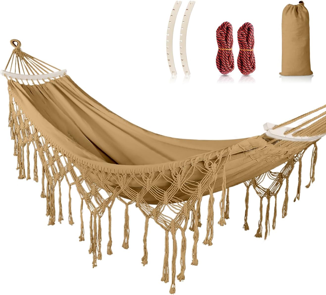 Outdoor-hängematte – 1 Stück – Baumwolle Und Holz – Kippsicher – Garten, Camping, Terrasse – 290 X 150 Cm