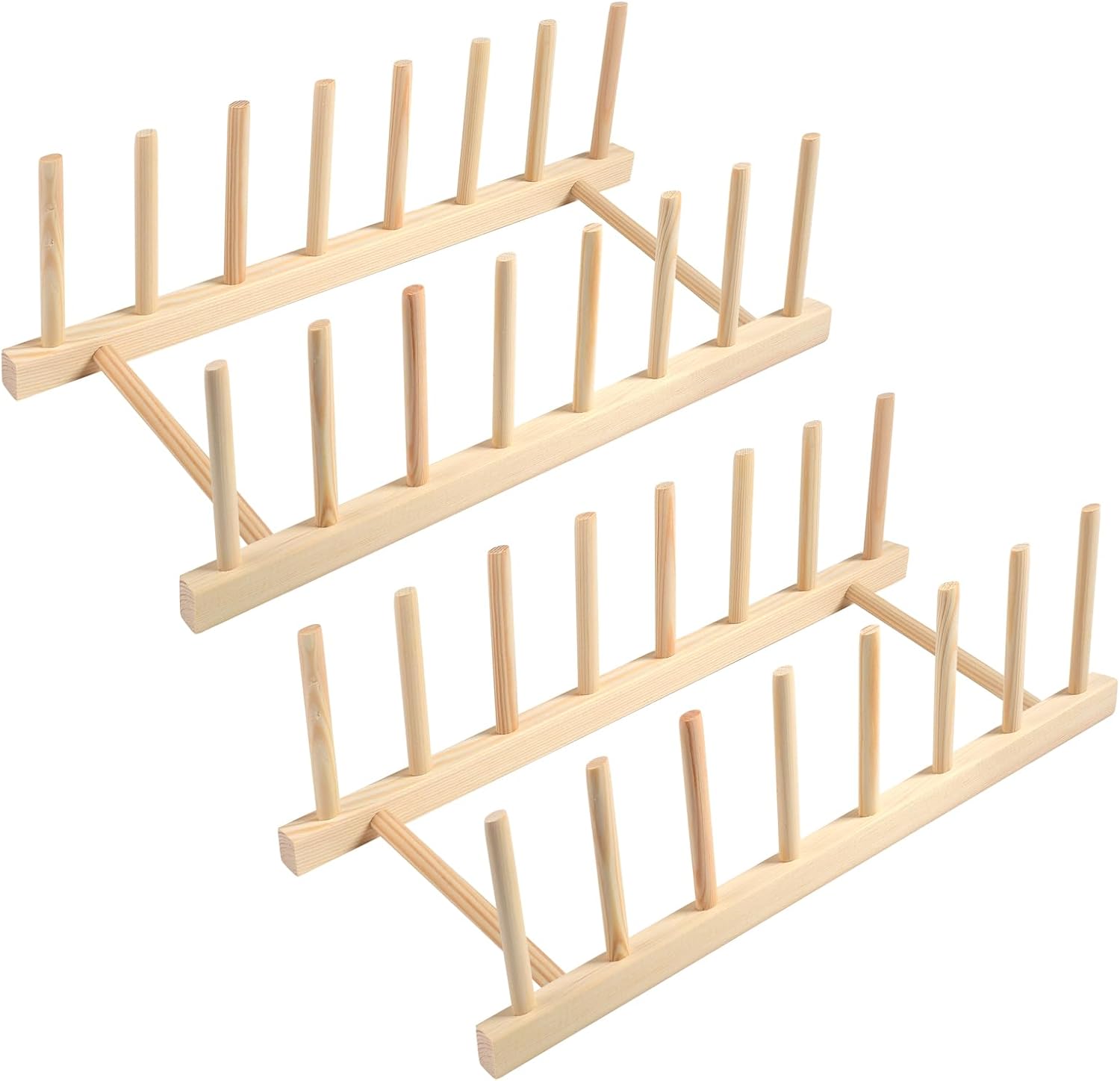 Geschirrständer Aus Holz – 2er-set – Kiefernholz Natur – 7 Fächer – Küchenaufbewahrung – 31 X 13 X 10 Cm