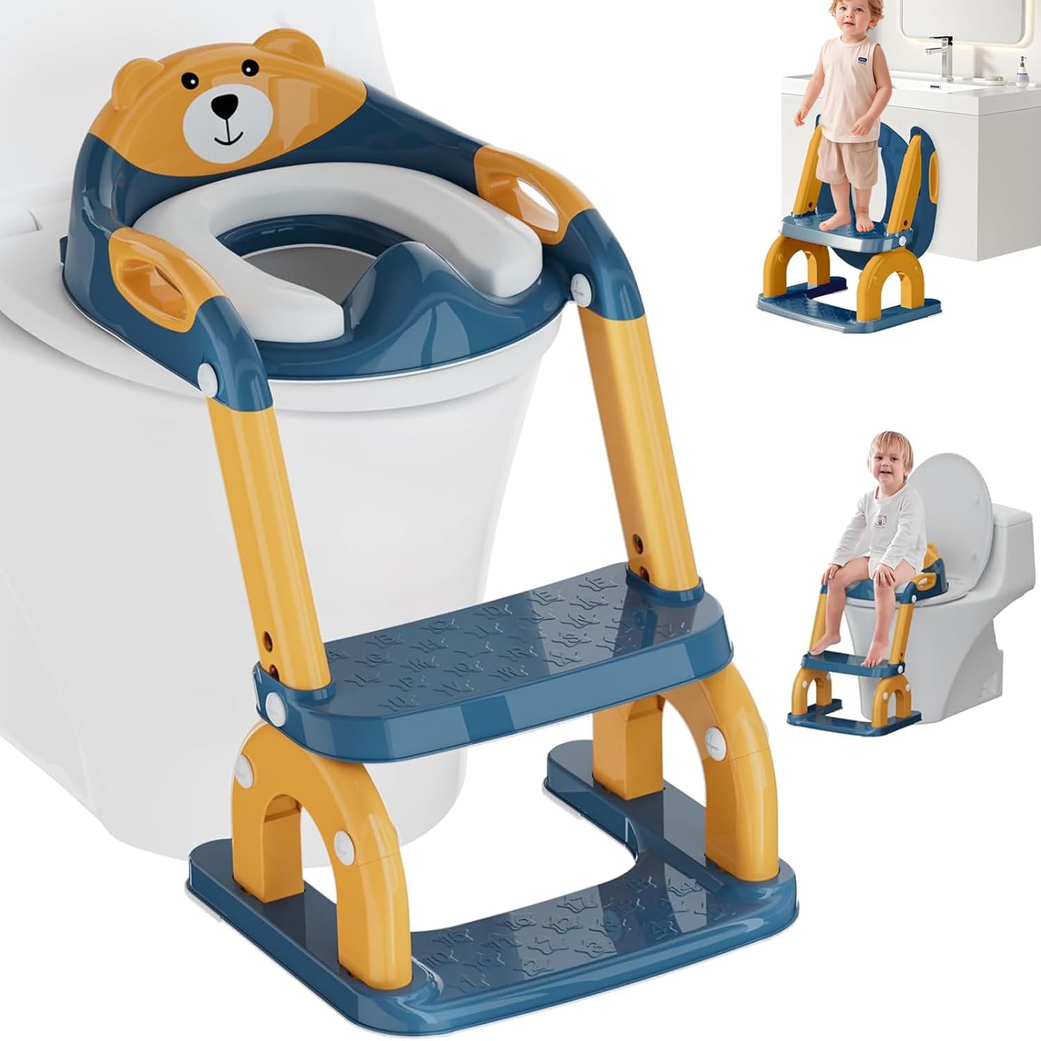 2-in-1 Klappbarer Kinder-toilettensitzverkleinerer – 8 Verstellbare Trittstufen – Rutschfester Pu-sitz – Für Vou-toiletten – Töpfchentraining