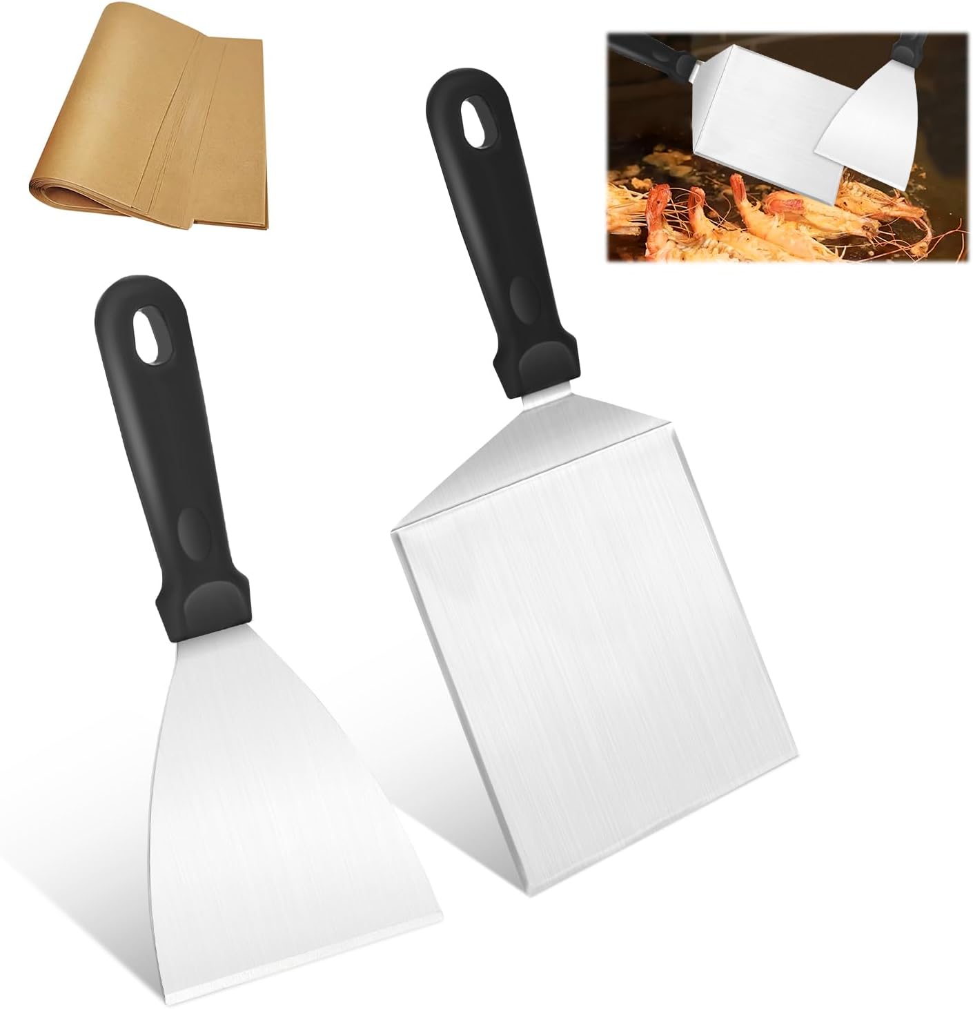 Grillspatel-set – 2-teilig – Edelstahl – Kunststoffgriff – Für Teppanyaki Und Burger – Mit 30 Papierstreifen