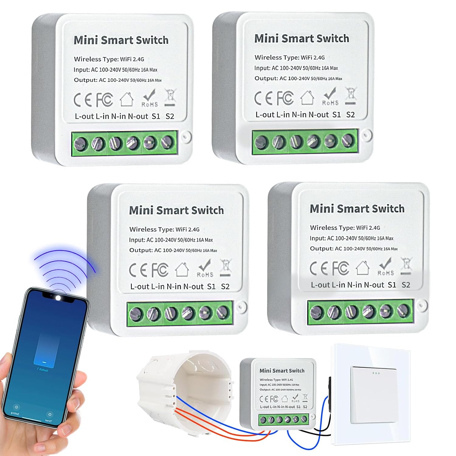 Intelligentes Wlan-schaltmodul – 4er-pack – 2-wege – Kompatibel Mit Tuya, Alexa Und Google – Für Beleuchtung Und Steckdosen
