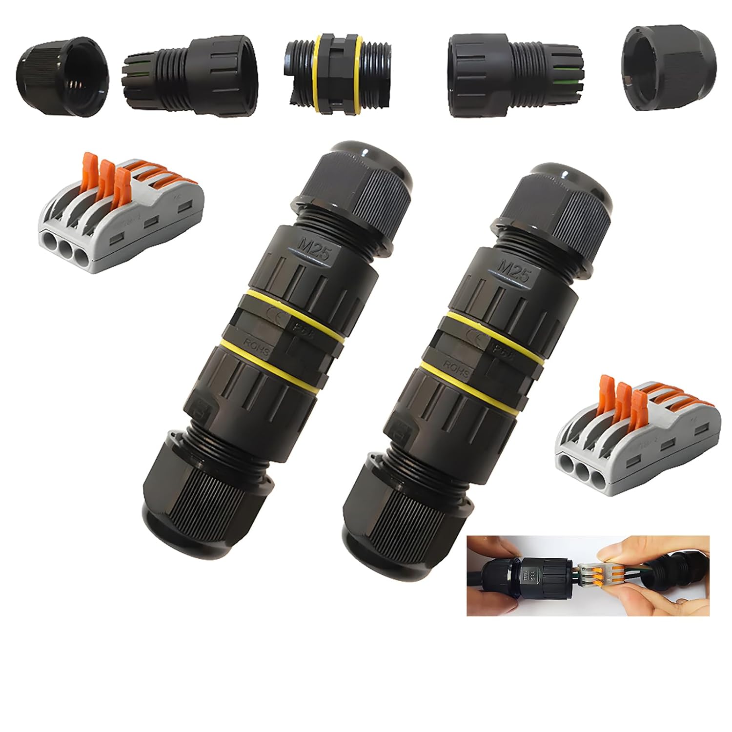 Ip68 Wasserdichte Anschlussdose – 2er-pack – Verstärktes Nylon – 3-wege-schraubverbinder – Für Die Gartenverkabelung – Ø 6 Bis 11 Mm