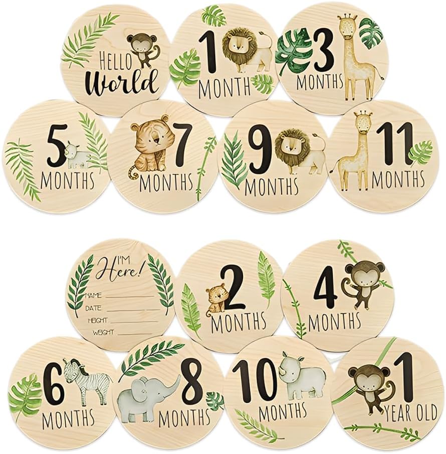 Baby-holzscheiben – 7 Stück – Naturholz – Beidseitig Bedruckt Mit Tiermotiven – Geschenk Zur Babyparty – Mehrfarbig