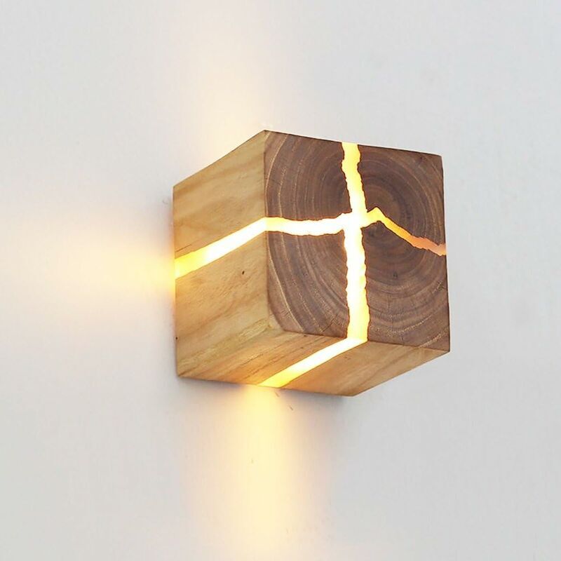 8 Cm Große Wandleuchte Aus Naturbelassenem, Rissigem Holz, Originelles Design, Aus Weißer Eiche, Schlichte Und Kreative Wandleuchte, Quadratische Dekoration, Nachtlicht, 5 Watt.