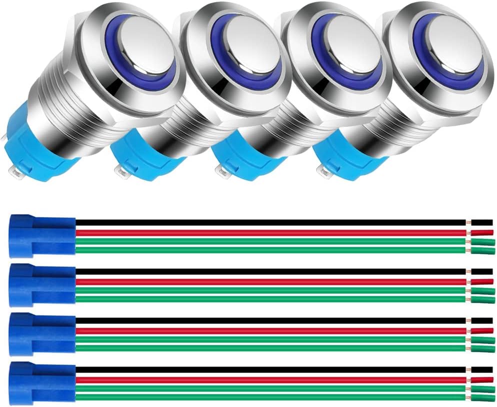 Drucktaster – 4 Stück – Edelstahl – Ip65 Wasserdicht – Blaue Led – 12 Mm