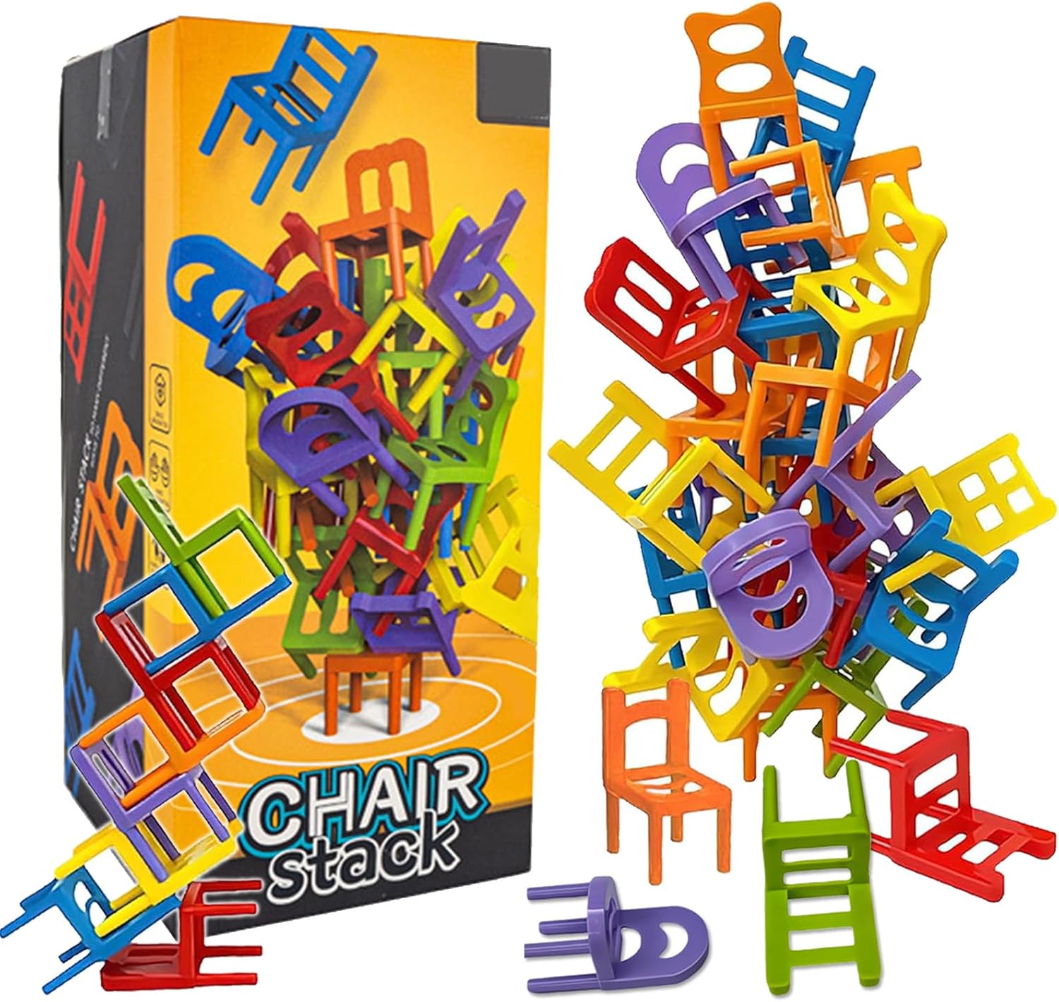 Balance-spiel – 42 Stapelbare Stühle – Buntes Plastik – Stabilisierungsturm – Für Kinder Und Familien – 6 Cm