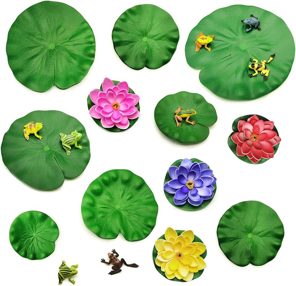 Künstliche Seerosen – 24er-set – Schaumstoff Und Kunststoff – Schwimmende Blumen Mit Fröschen – Dekoration Für Teich, Garten Und Aquarium – Mehrfarbig