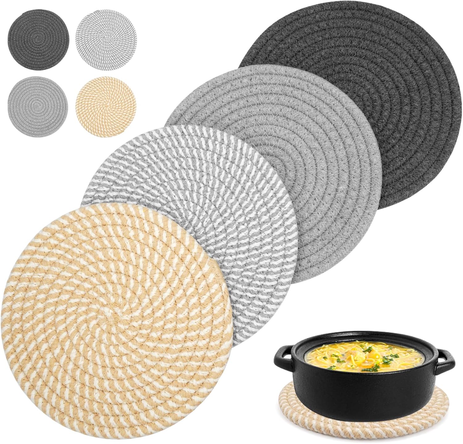 Set Mit 4 Hitzebeständigen Untersetzern Für Heiße Speisen, 18 Cm Große, Gewebte Baumwolluntersetzer, Runde Untersetzer Aus Baumwollgarn, Tischuntersetzer Für Töpfe, Pfannen Und Teller