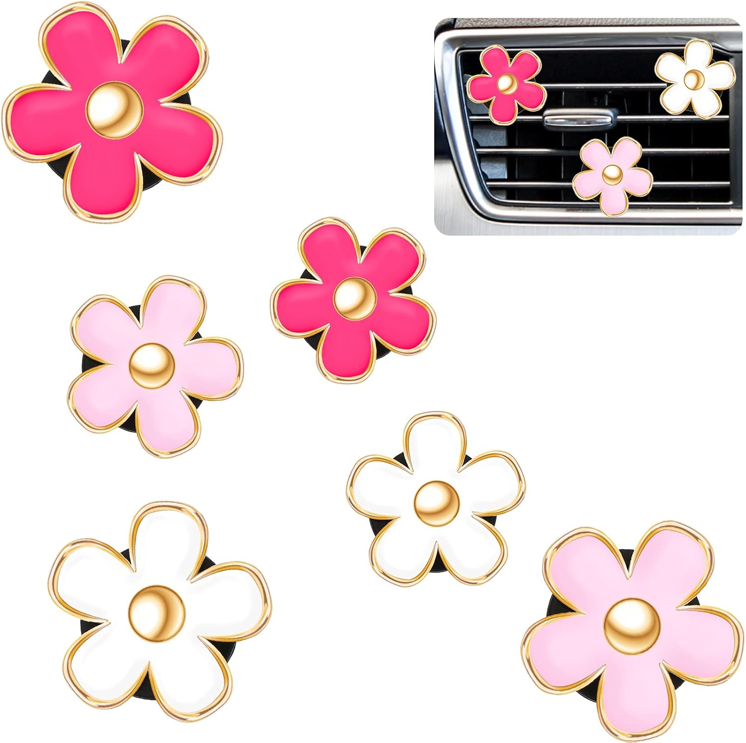 6 Stück Daisy Auto-lüftungsschlitzclips - Diffusor Und Lufterfrischer Mit Ätherischen Ölen Für Frauen Und Mädchen (rot, Rosa, Weiß)