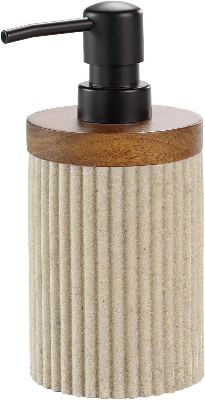 Seifenspender – 1 Stück – Polyresin Und Akazie – Elegantes Design, Wasserfest – Für Moderne Badezimmer – Natur 8 X 17 Cm