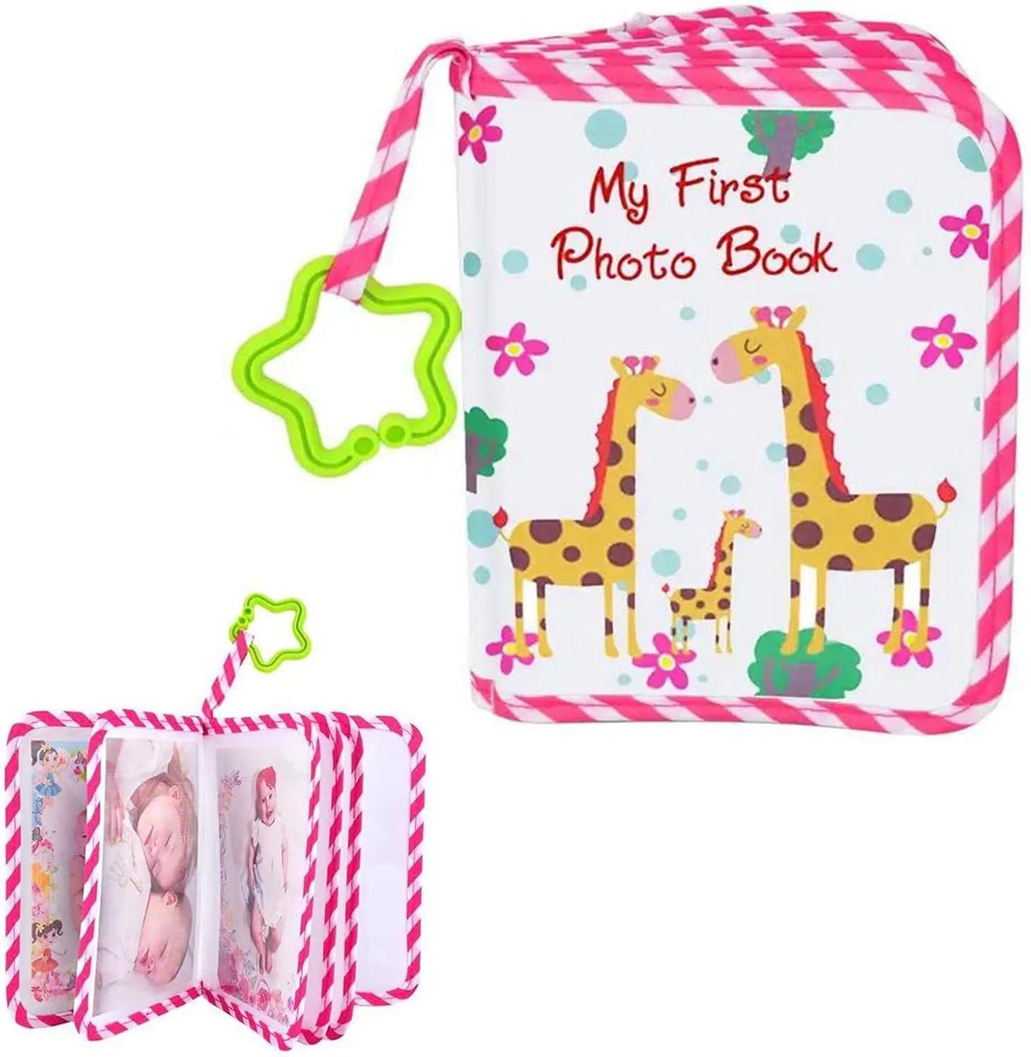 Fotoalbum – 17 Fotos – Weicher Stoff – Transparente Fächer – Babygeschenk – Rosa