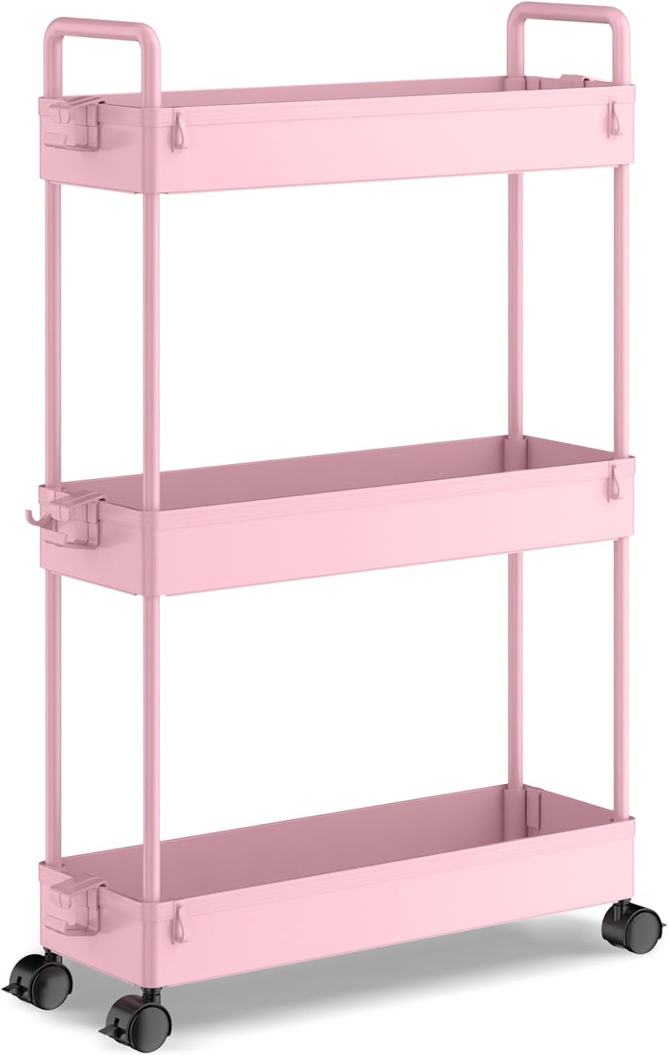 3-stöckiger Aufbewahrungswagen – 1 Stück – Rosa Kunststoff – Schmale Schublade Mit Rollen – Küche/bad – 13 X 40 X 72 Cm