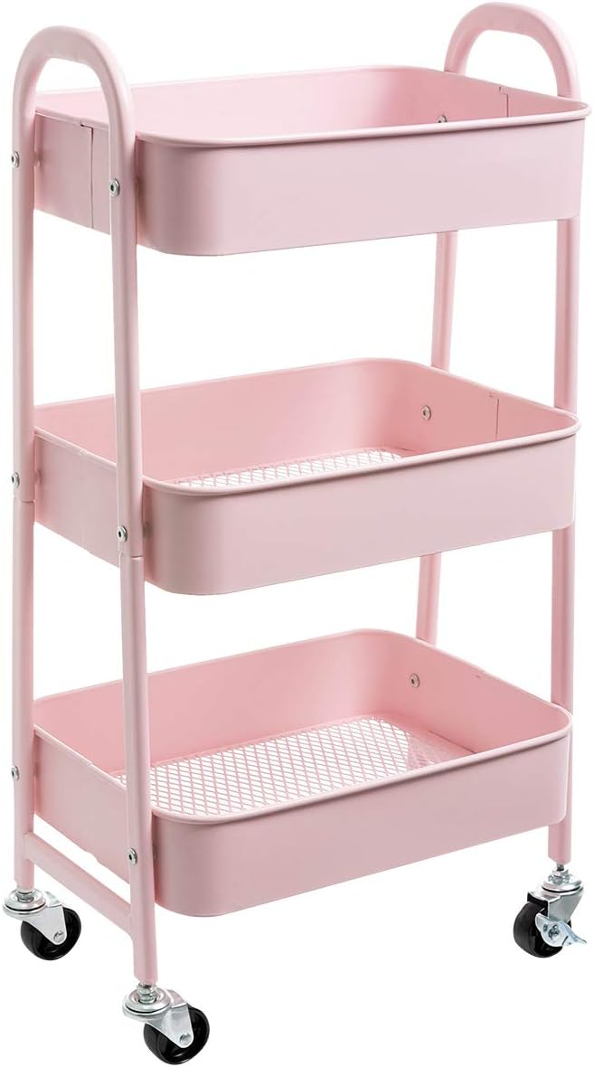 Metall-servierwagen – 1 Stück – Robuster Stahl – 3 Verstellbare Ablagen – Küche, Bad, Büro – 40 X 30 X 70 Cm, Rosa