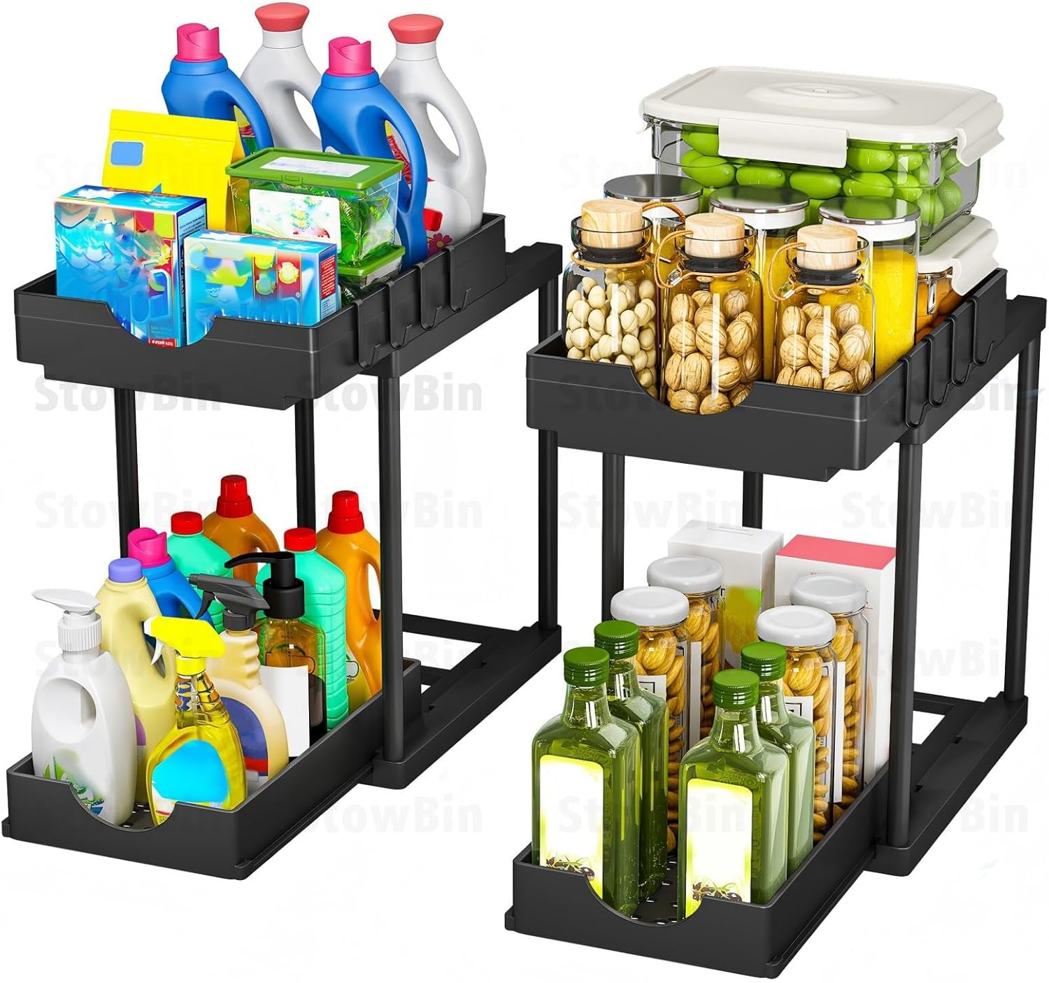 2er-set Küchenorganizer – 2-teilig – Stahl Und Kunststoff – Schubladen Mit Haken – Aufbewahrung Unter Der Spüle Und Im Badezimmer – Schwarz, 35,7 X 22,1 X 39,4 Cm