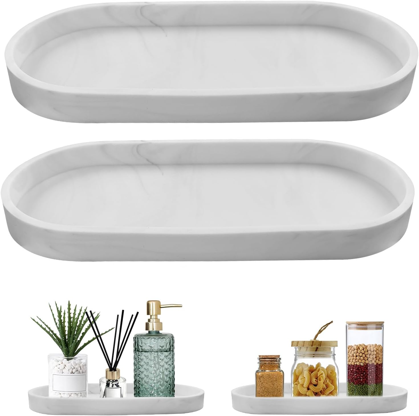 Badezimmer-tablett-set, 2-teiliges Dekotablett, Weiße Marmor-silikontabletts, Rutschfeste Aufbewahrungstabletts Für Wohnzimmer, Schlafzimmer, Waschbecken Und Badewanne