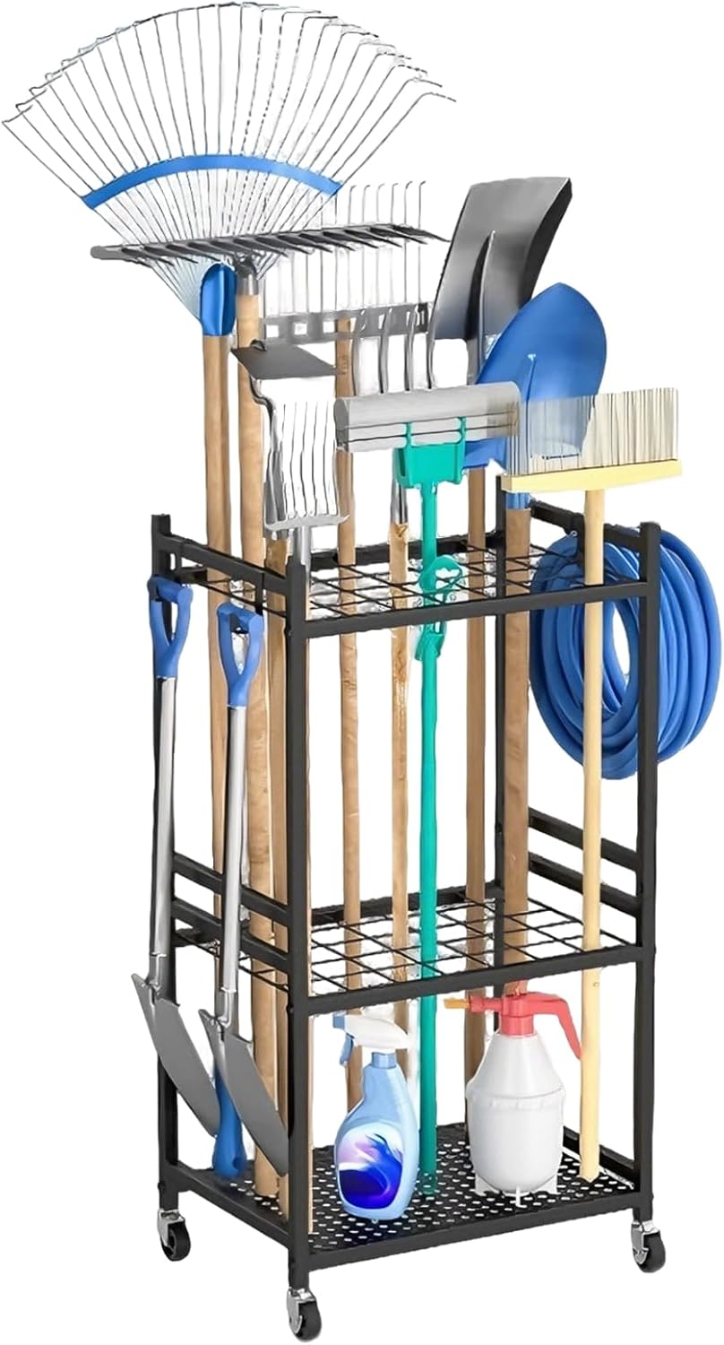 3-stöckiges Gartengeräteregal – Kohlenstoffstahl – Mobil Mit 360°-rollen Und Haken – Garage/gartenhaus – 43 X 30 X 80 Cm