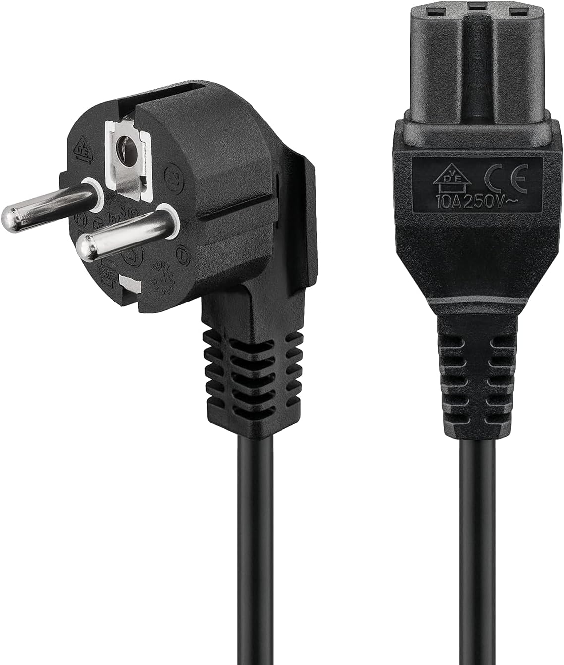 Abgewinkeltes Stromkabel C15 - 2 Meter - Schwarz - Stecker Typ F - Für Heißgeräte