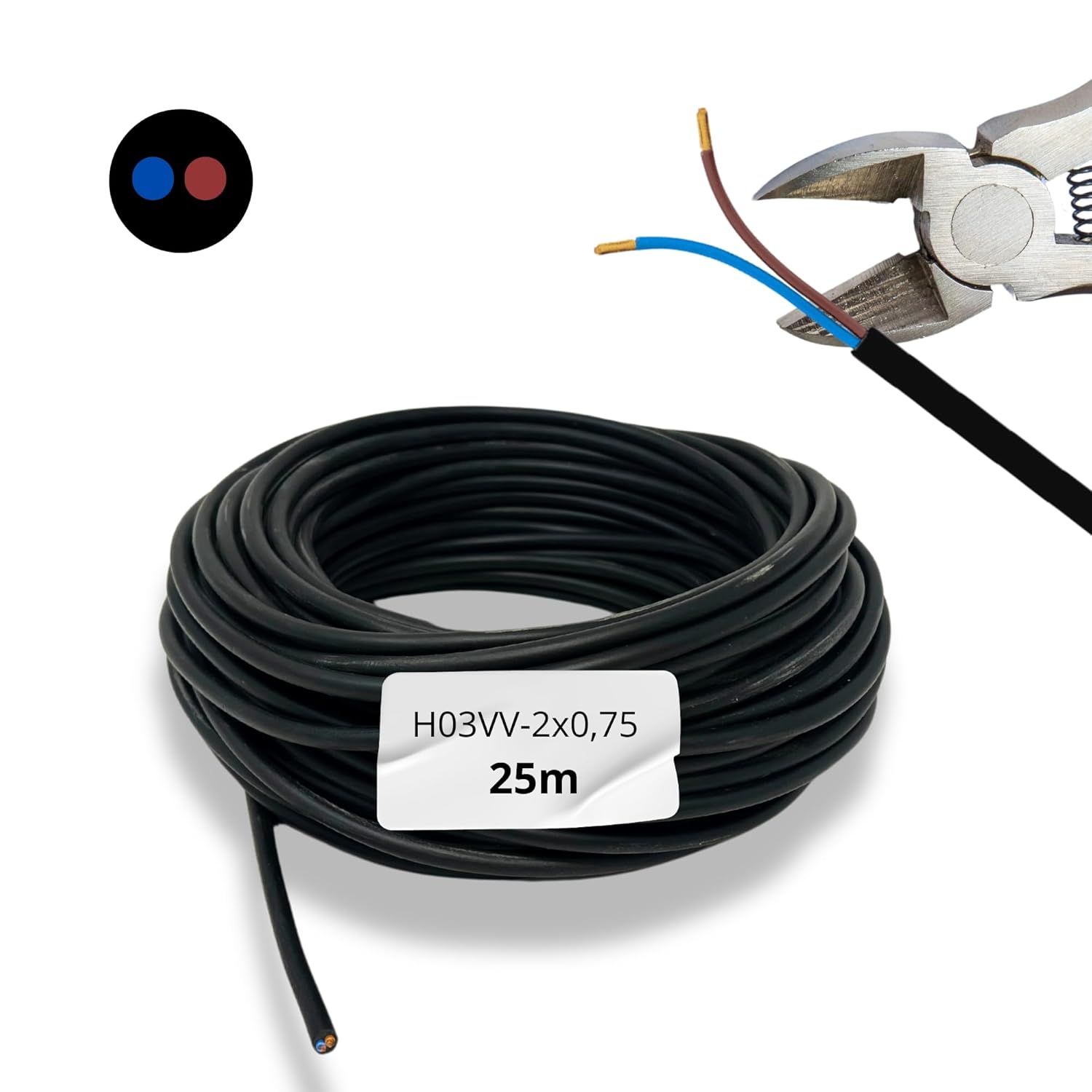 Elektrokabel – 25 M – 2 X 0,75 Mm² – Schwarzes Pvc H03vv-f – Innen/außen – Durchmesser 5,5 Mm