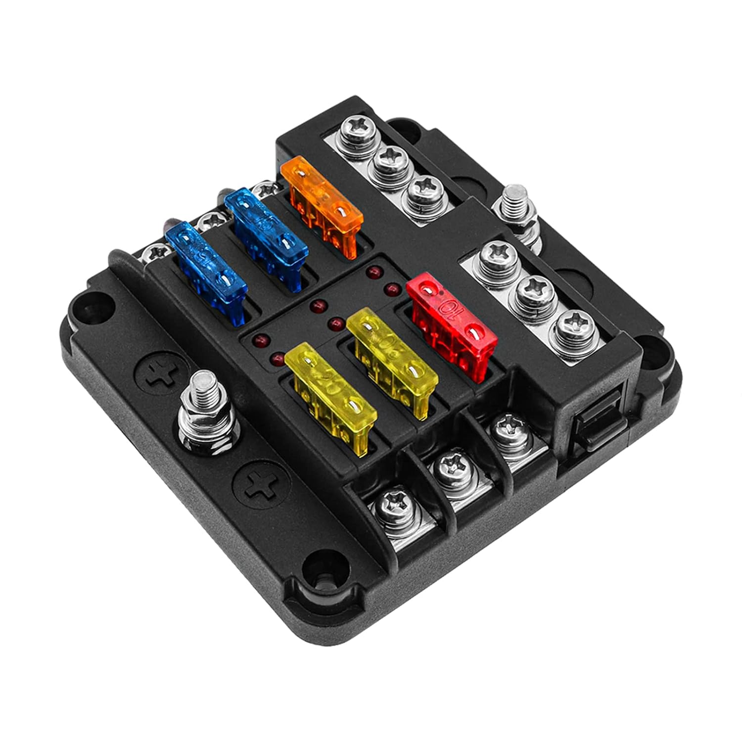 6-fach Sicherungskasten – 12 V/24 V – Pbt Und Kupfer – Mit Led Und 16 Sicherungen – Für Auto, Boot, Wohnmobil – Schwarz