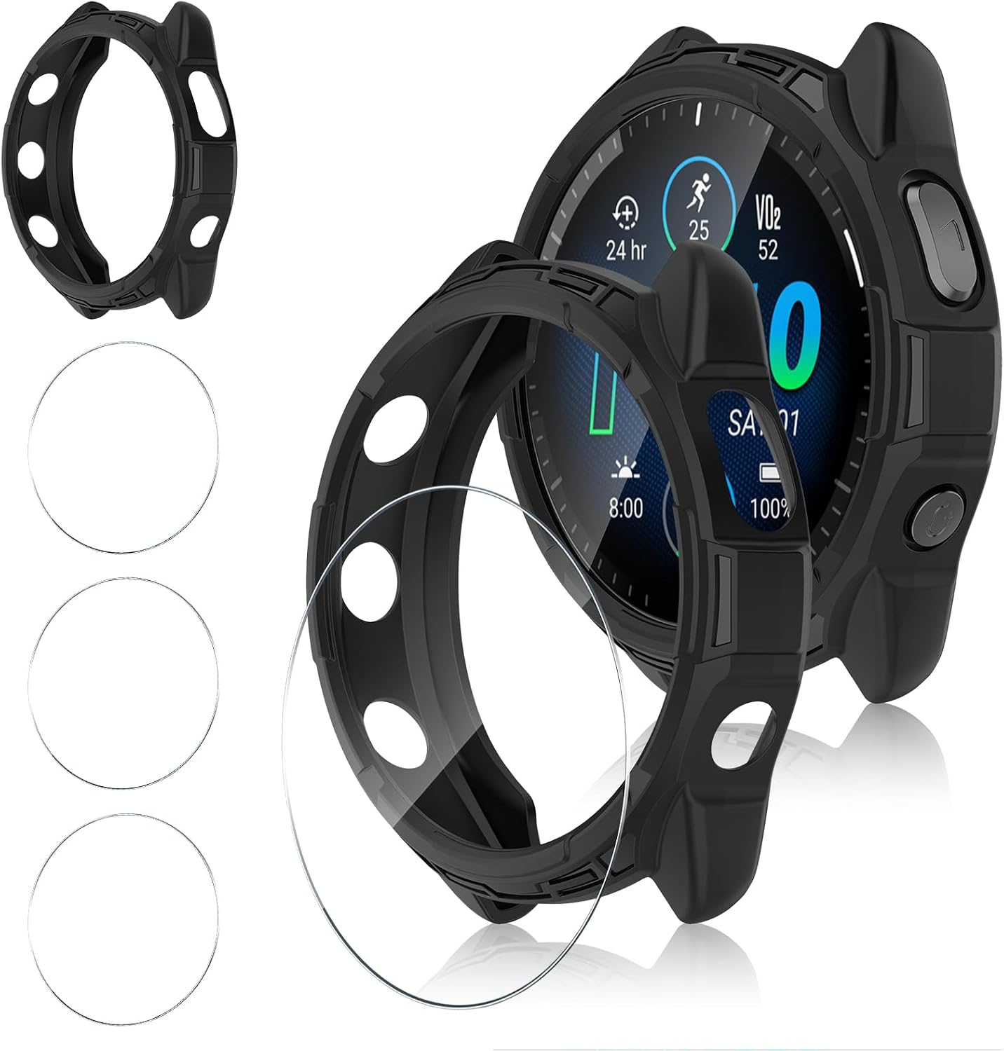 Schutzhülle – 1 Stück + 3 Displayschutzfolien Aus Gehärtetem Glas – Schwarzes Polycarbonat – Stoßfest – Für Garmin Forerunner 965