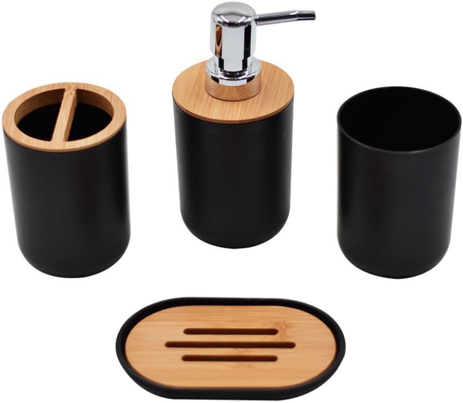 Badezimmer-accessoire-set – 4-teilig – Kunststoff Und Holz – Stoßfest – Für Zuhause Und Hotel – Schwarz