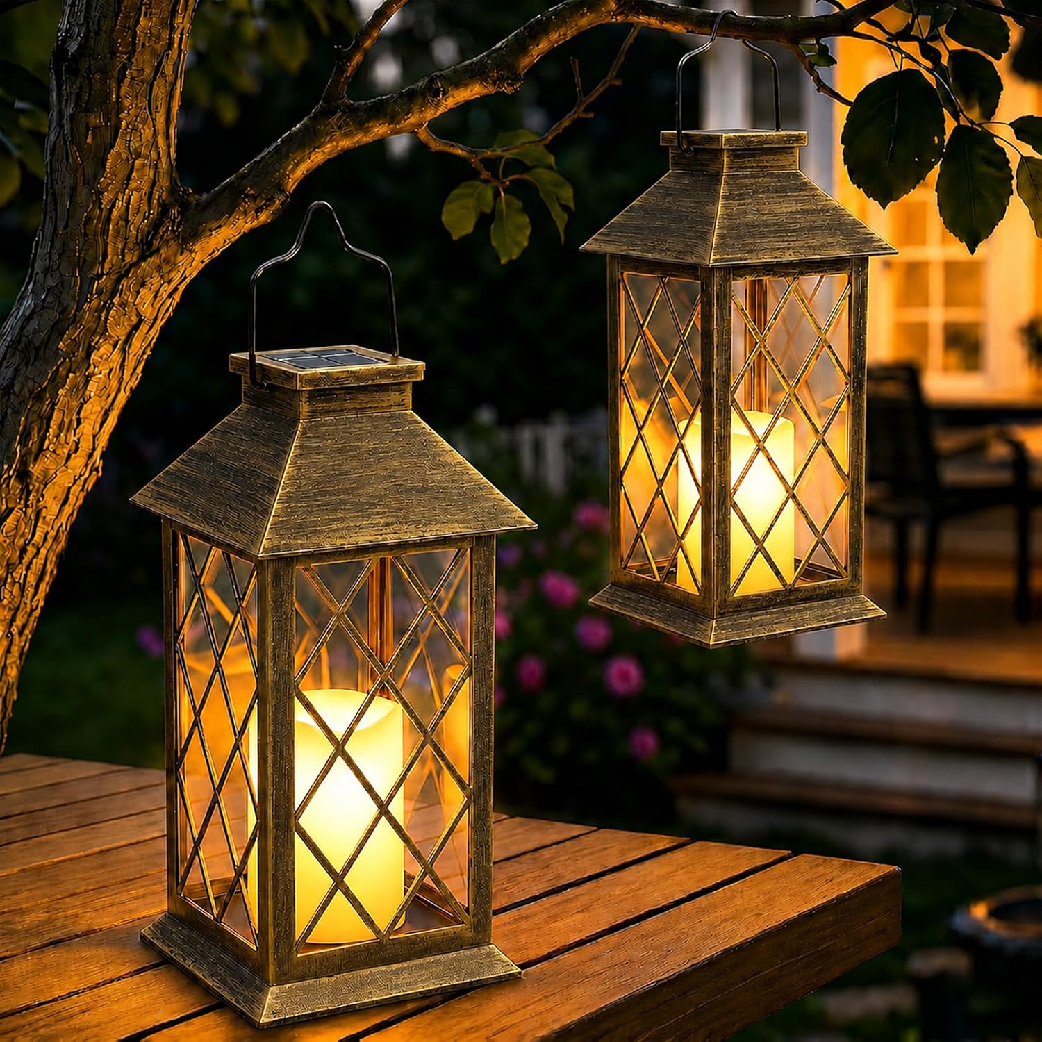 Solarlaterne – 2 Stück – Gehärtetes Glas – Flammeneffekt – Garten, Balkon, Terrasse – 22 Cm, Schwarz