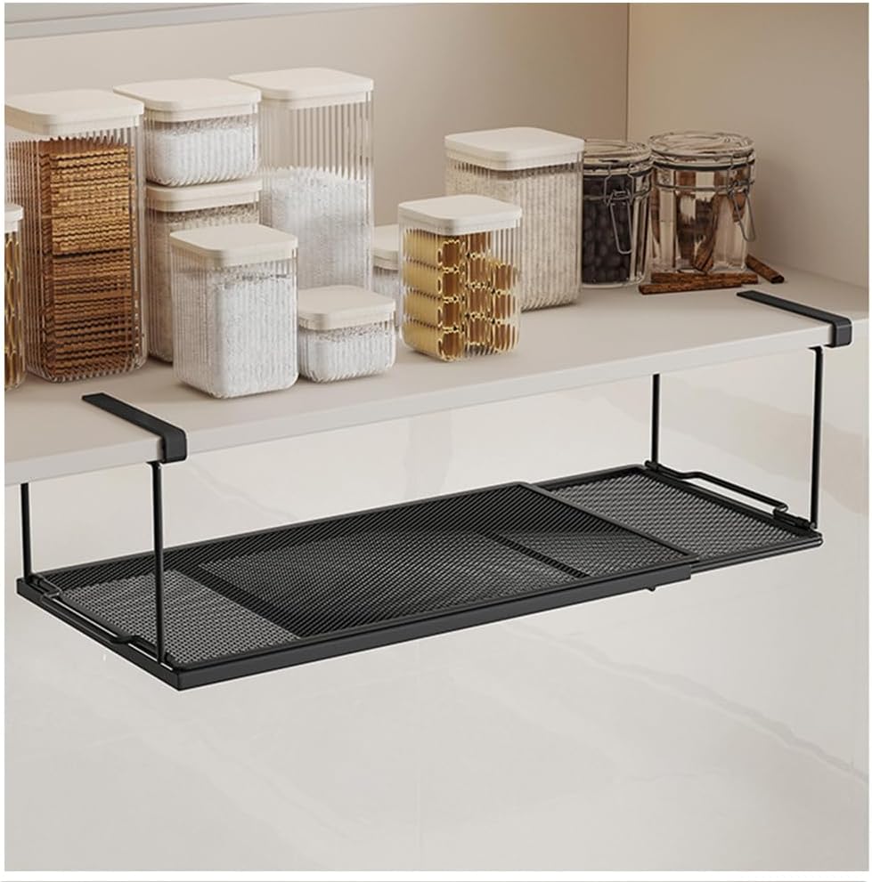 Ausziehbarer Aufbewahrungskorb - 1 Stück - Kohlenstoffstahl - Verstellbares Hängeregal - Küche Und Büro - Schwarz (38,5 Bis 70,5 Cm)