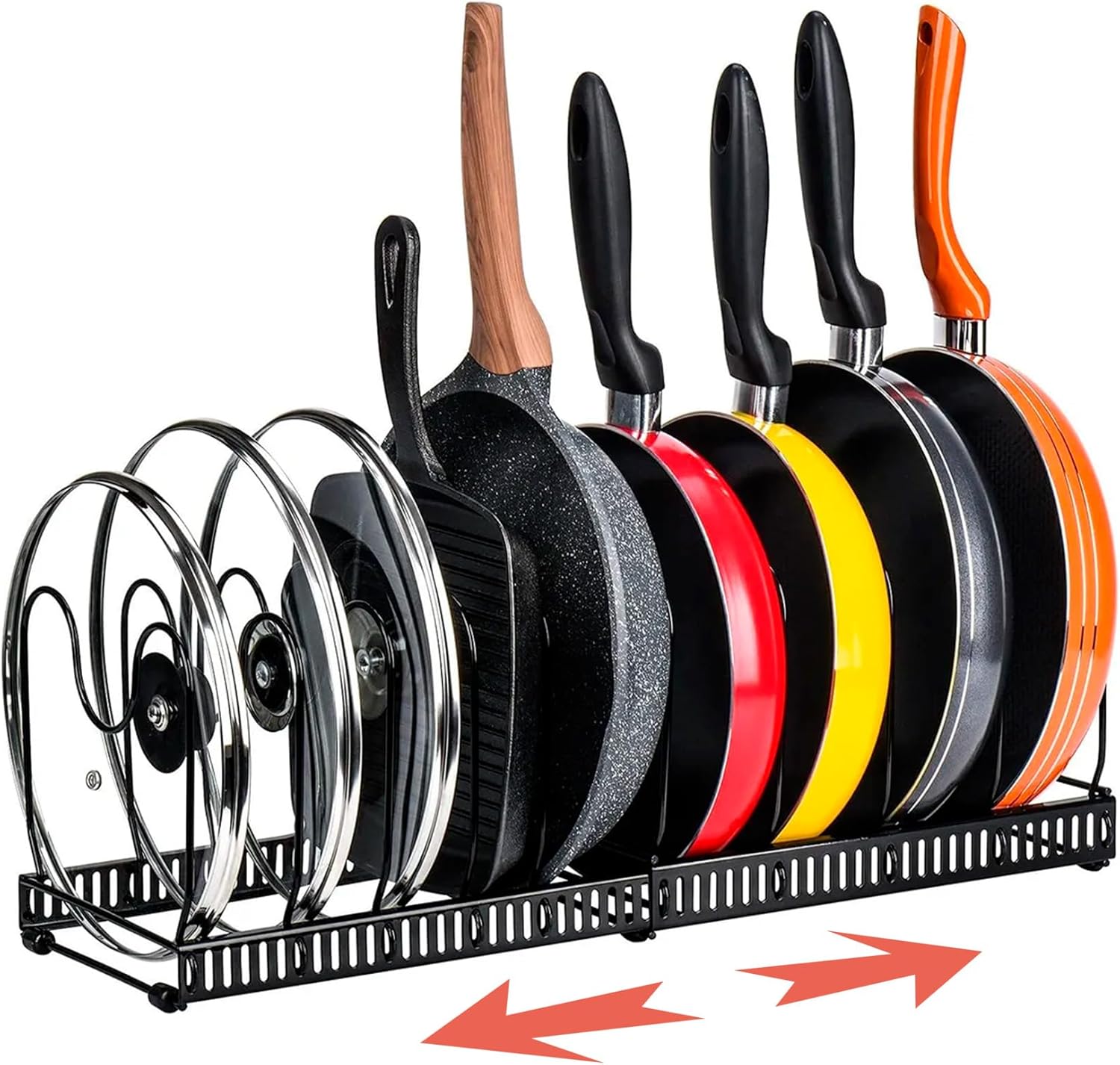 - Erweiterbarer Topforganizer - 6 Bis 10 Fächer - Schwarzer Stahl - Küchenaufbewahrung Für Deckel Und Töpfe - Maße: 20 X 24 X 30–57 Cm