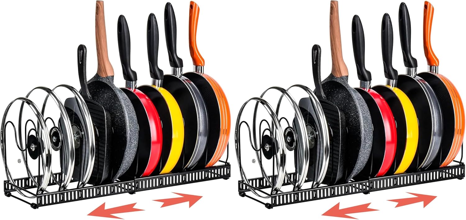 - Erweiterbarer Topforganizer - 6 Bis 10 Fächer - Schwarzer Stahl - Küchenaufbewahrung Für Deckel Und Töpfe - Abmessungen: 20 X 24 X 30-57 Cm (2er-set)