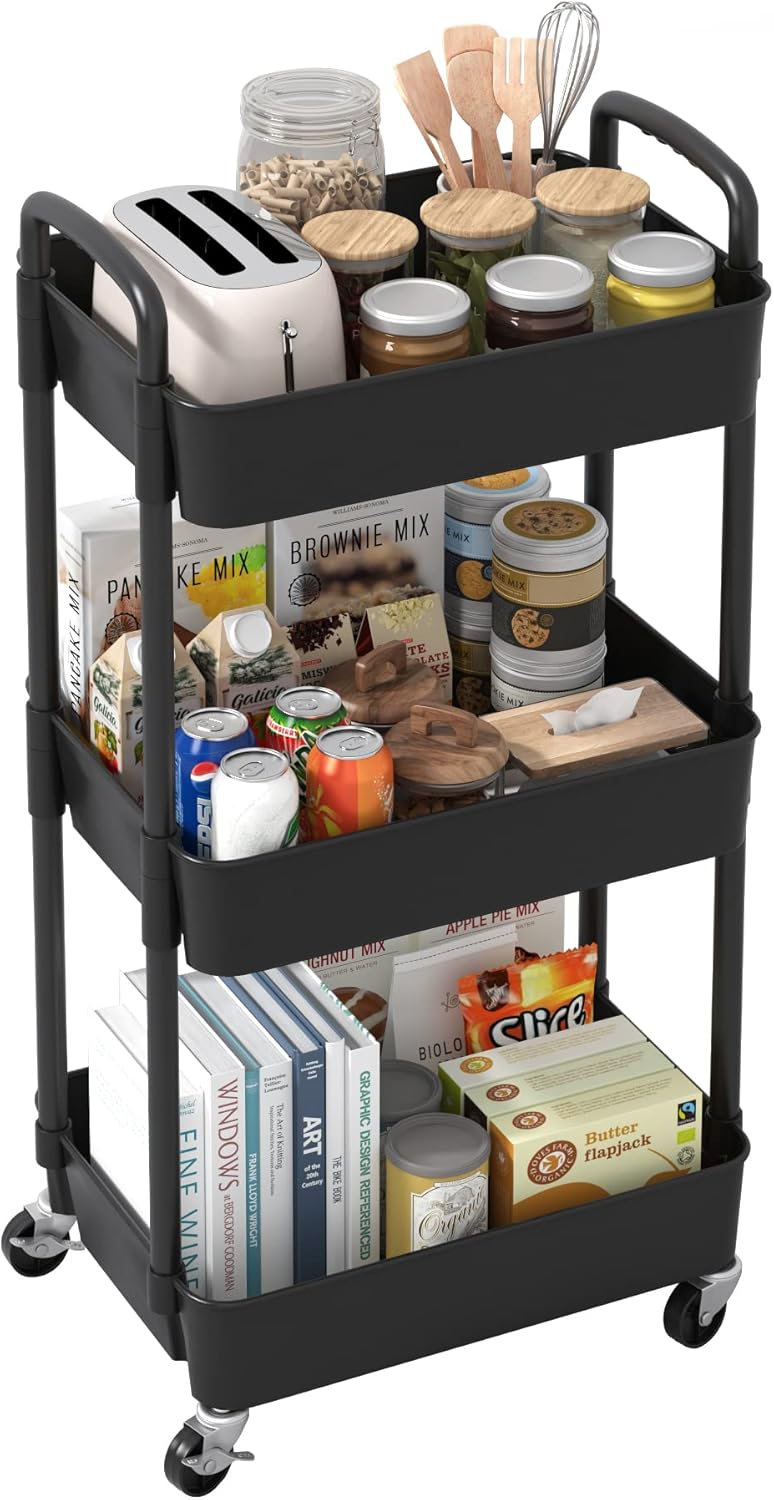 3-stöckiger Servierwagen – 1 Stück – Kunststoff Und Metall – Mobil Mit Schwenkrollen – Küche, Büro, Wohnzimmer – 39 X 29 X 76 Cm, Schwarz