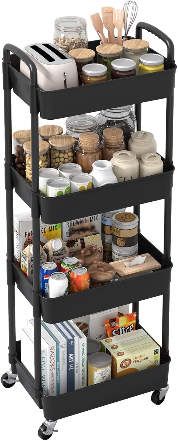 4-stöckiger Servierwagen – Kunststoff Und Metall – Mobil Mit Schwenkrollen – Küche, Wohnzimmer, Büro – Schwarz, 39 X 29 X 104 Cm