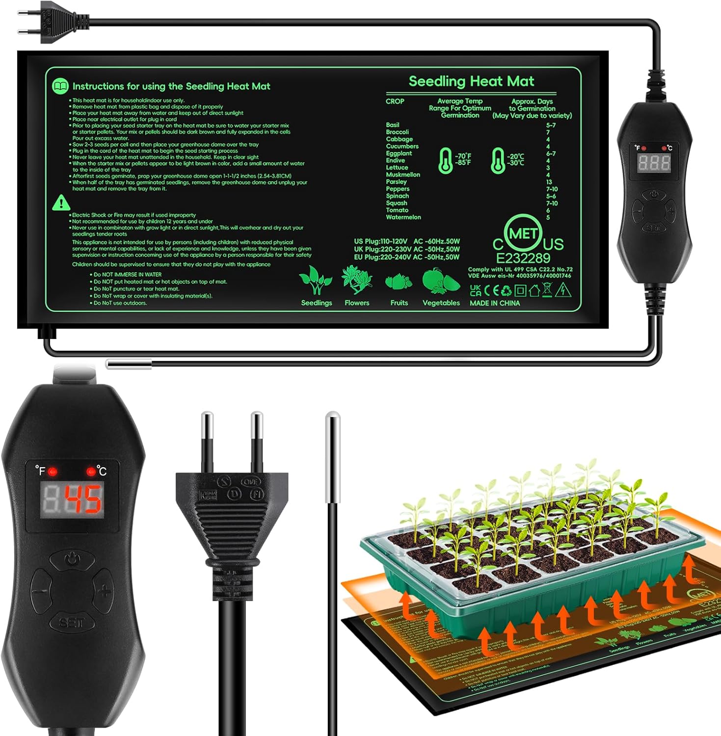 Anzucht-heizmatte – 1 Stück – Pvc Und Isolierkabel – Digitalthermostat 20–45 °c – Für Die Keimung Von Pflanzen Und Tieren – 25 X 52 Cm