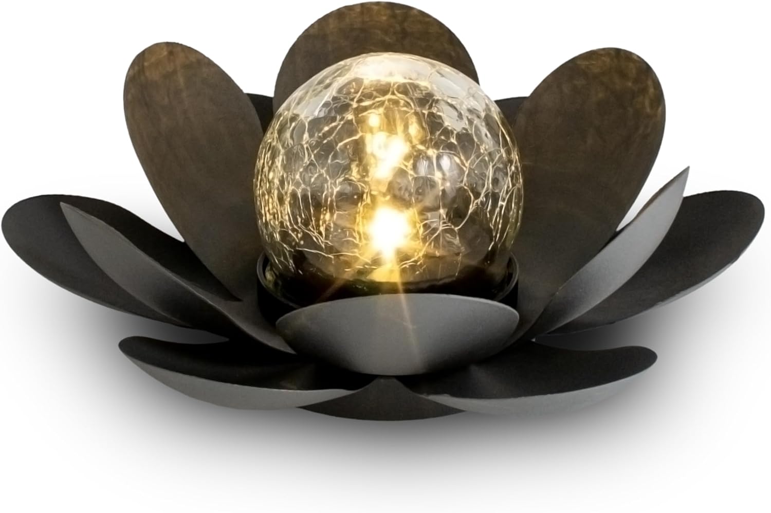 Lotus-solarlampe – 1 Stück – Metall Und Crackle-glas – Warmweißes Licht – Dekoration Für Garten, Terrasse Und Balkon – Schwarz, 24 X 10 Cm