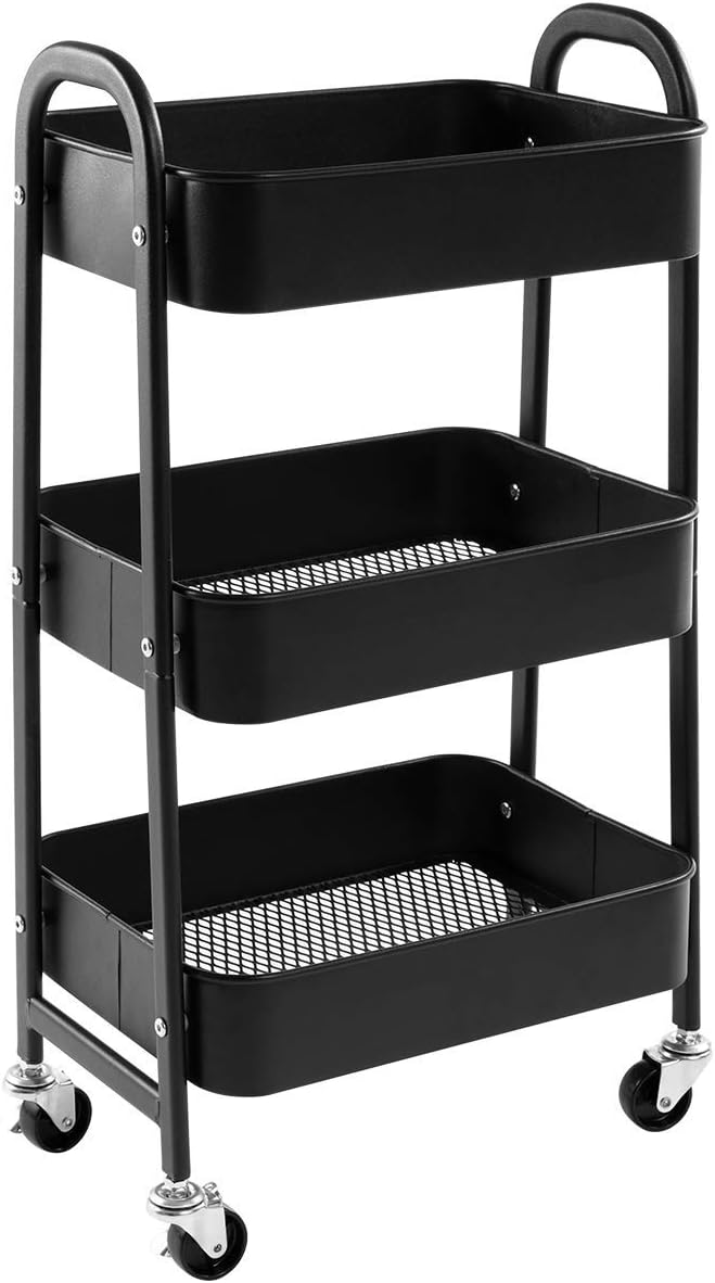 Metall-servierwagen – 1 Stück – Robustes, Schwarzes Stahlblech – 3 Verstellbare Ablagen – Für Küche, Bad, Büro – 40 X 30 X 70 Cm