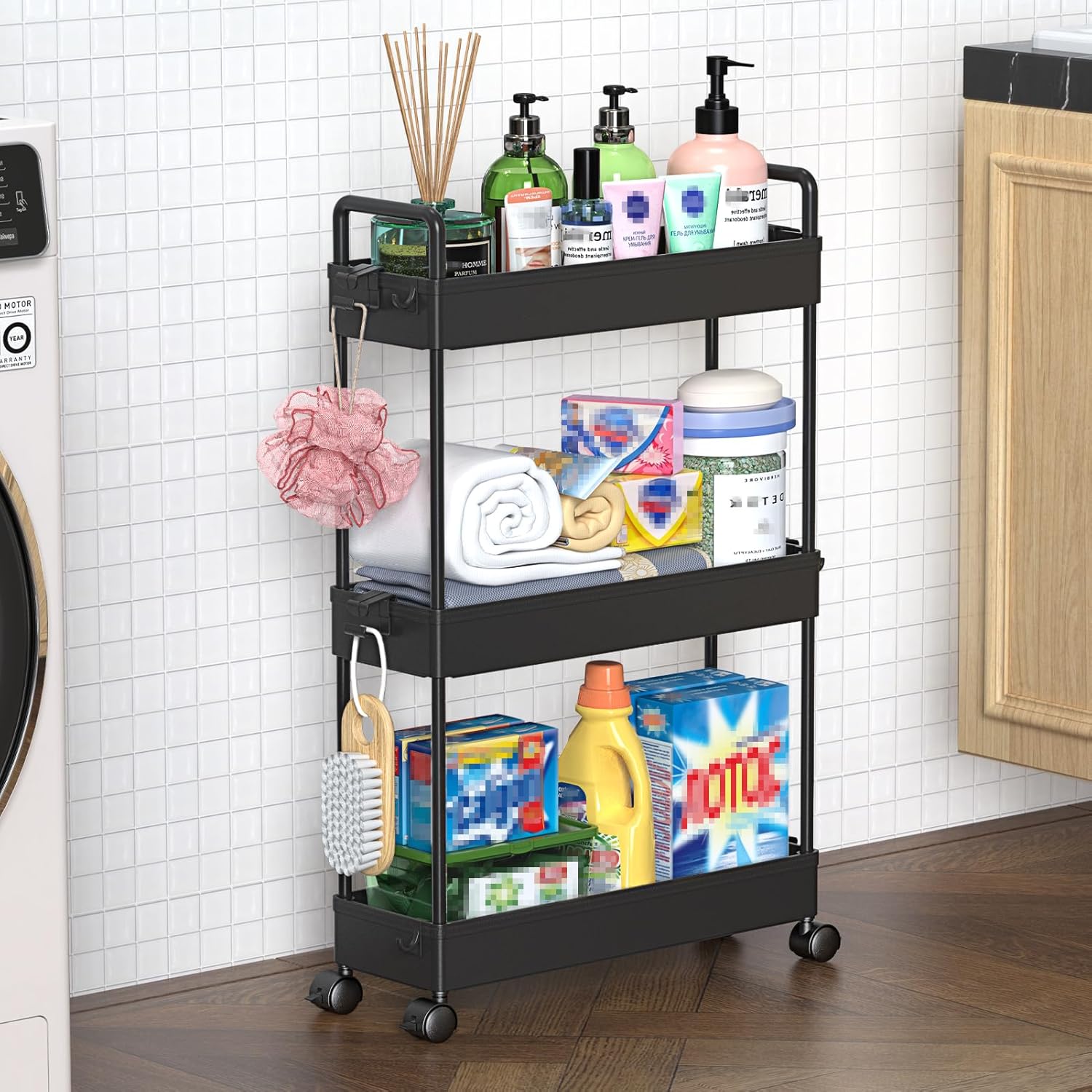 3-stöckiger Aufbewahrungswagen – 1 Stück – Kunststoff Und Stahl – Mobil Mit Rollen – Küche/bad – Schwarz, 13 X 40 X 61 Cm