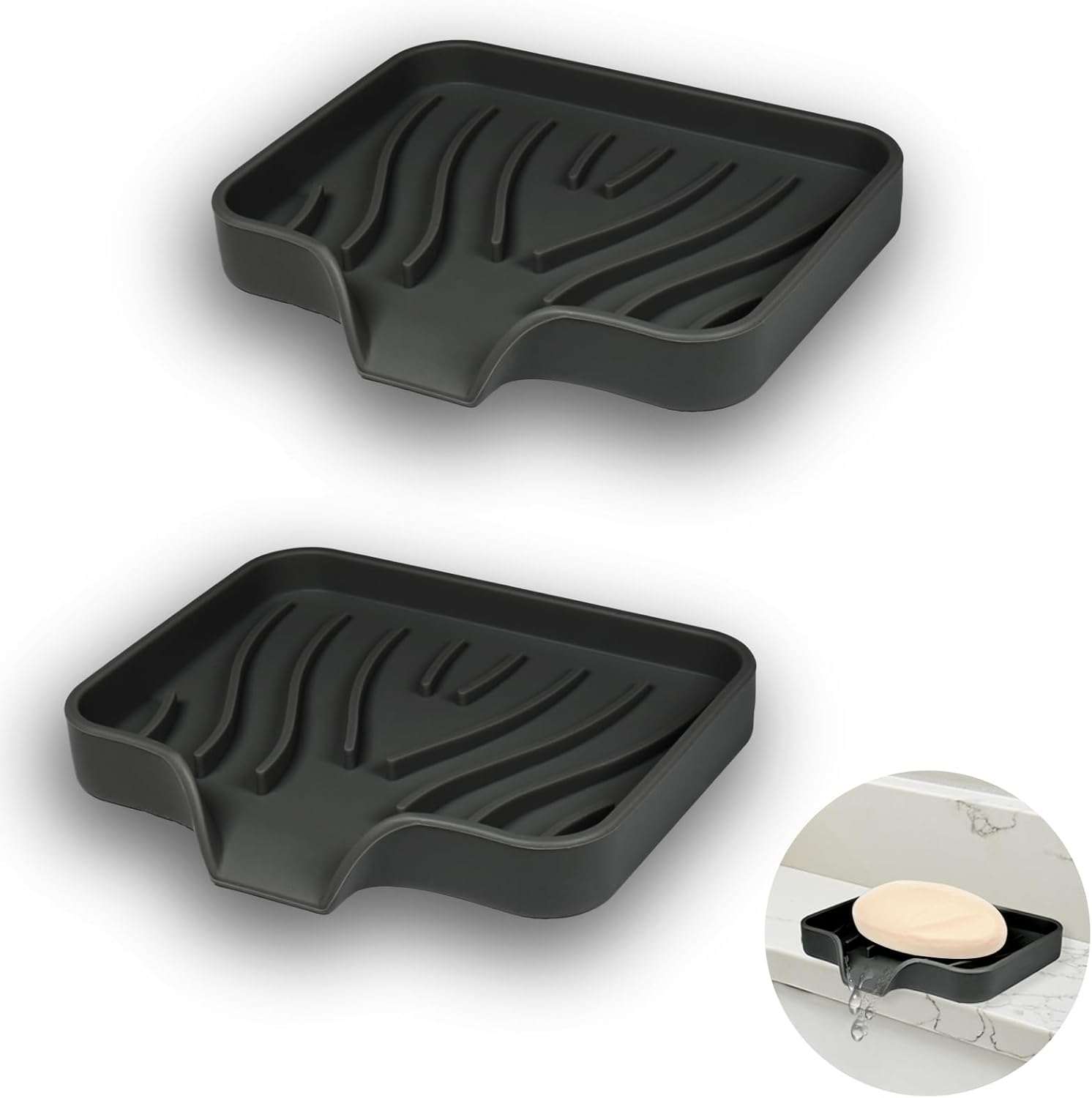 Silikon-seifenschale – 2er-set – Schräges Design, Schwarz – Integrierter Abfluss – Für Bad Und Küche – 13 X 9 Cm