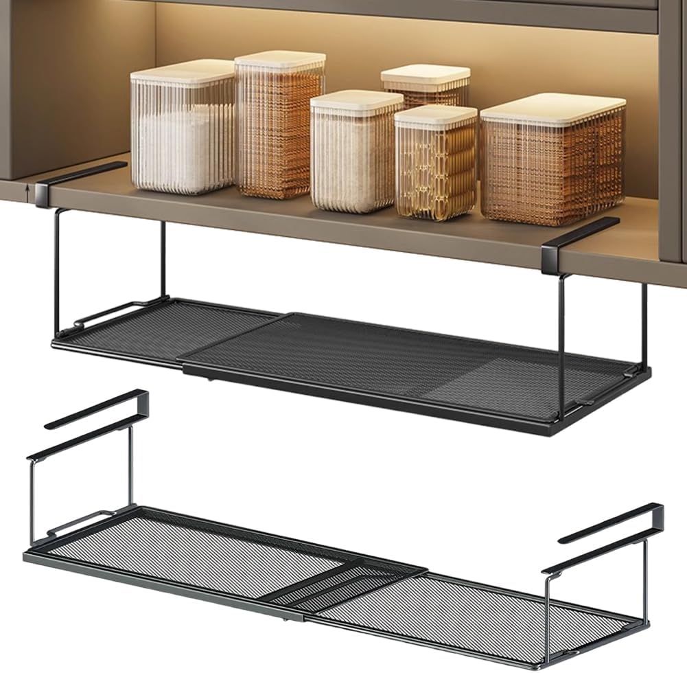 Verstellbarer Hängekorb – 1 Stück – Schwarzer Stahl – Ausziehbar Von 38 Bis 70 Cm – Aufbewahrung Für Küche Und Büro – Mattschwarz